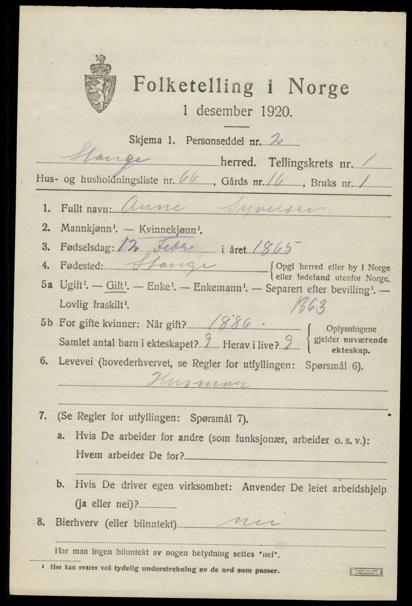 SAH, 1920 census for Stange, 1920, p. 3697