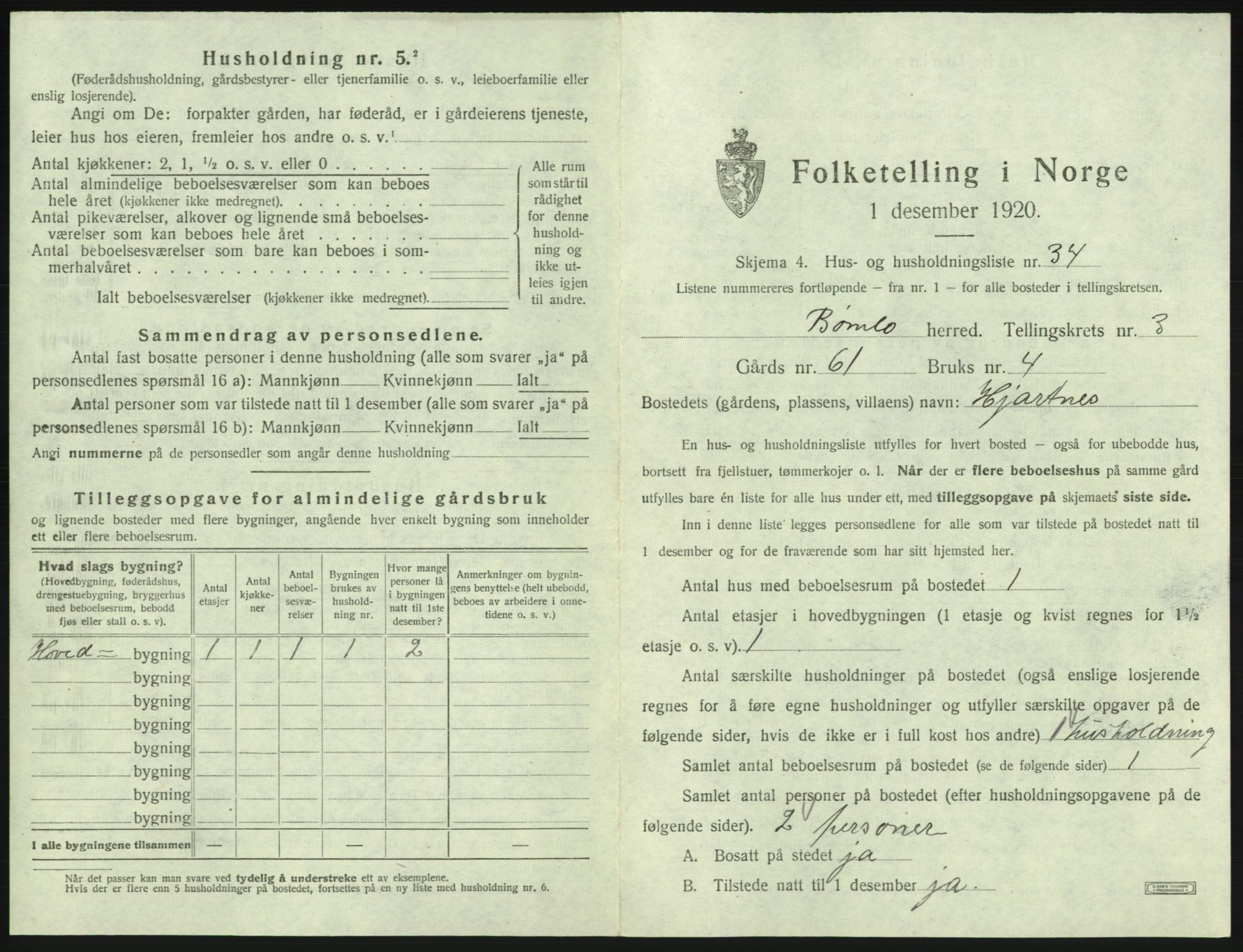 SAB, 1920 census for Bømlo, 1920, p. 424