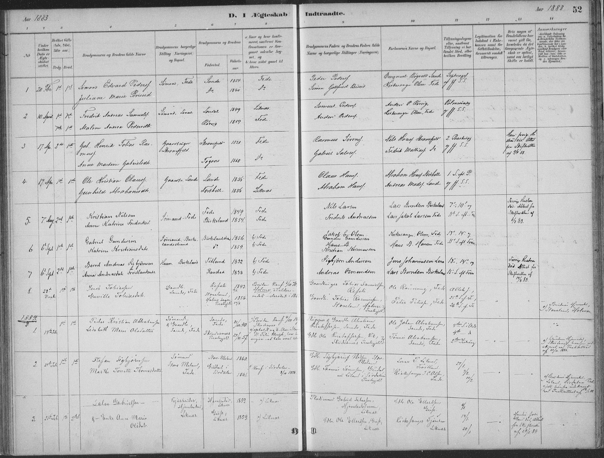 Kvinesdal sokneprestkontor, SAK/1111-0026/F/Fa/Faa/L0004: Parish register (official) no. A 4, 1882-1897, p. 52