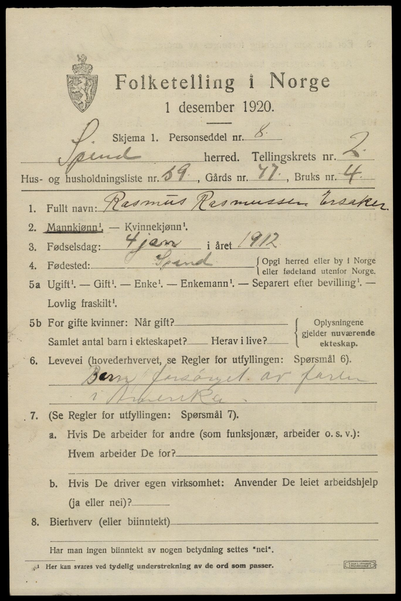 SAK, 1920 census for Spind, 1920, p. 1627