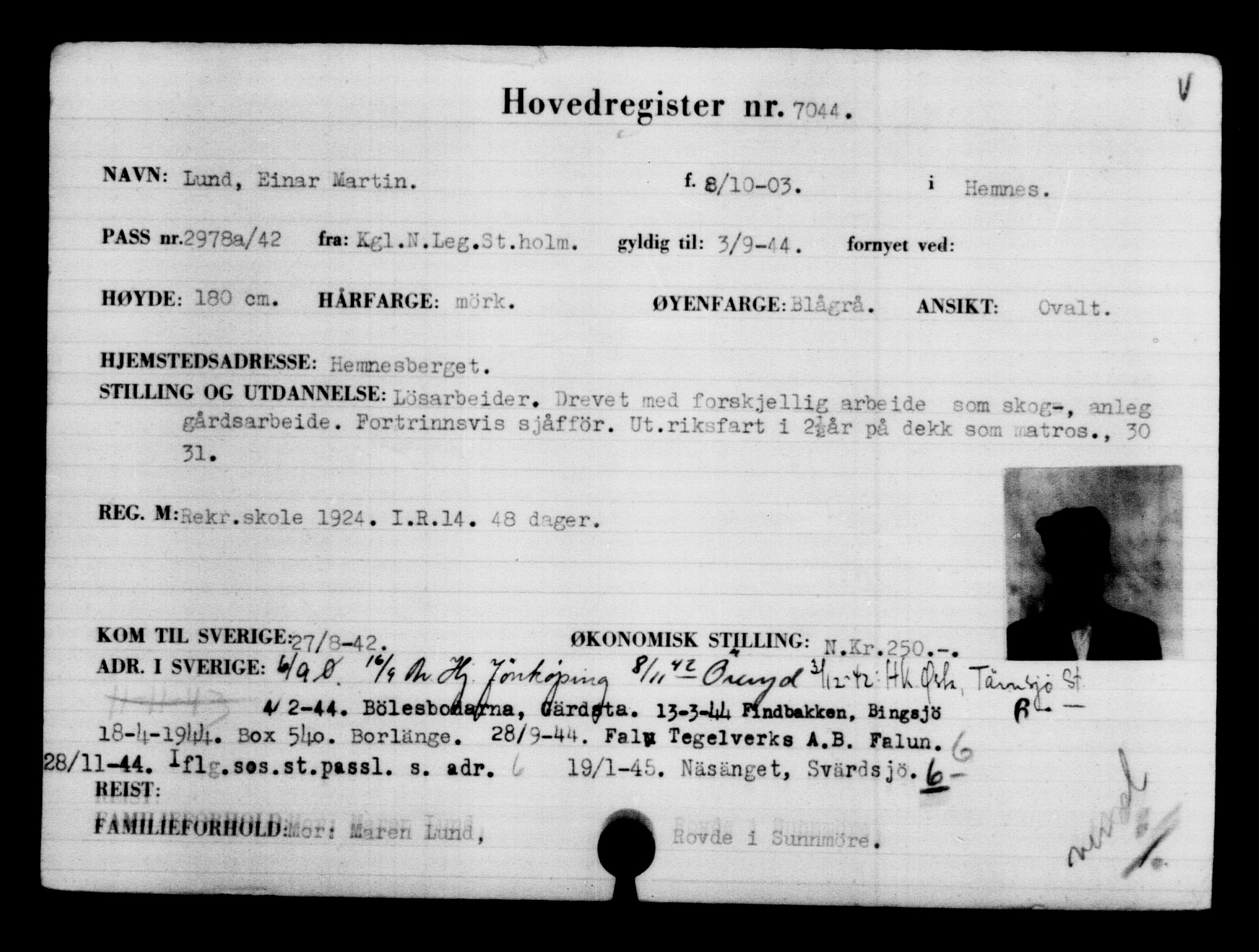 Utenriksstasjonene, Legasjonen i Stockholm, Flyktningkontoret, AV/RA-S-6753/V/Va/L0005: Kjesäterkartoteket, flyktninger med registreringsnr. 6600-9417, 1940-1945, p. 536