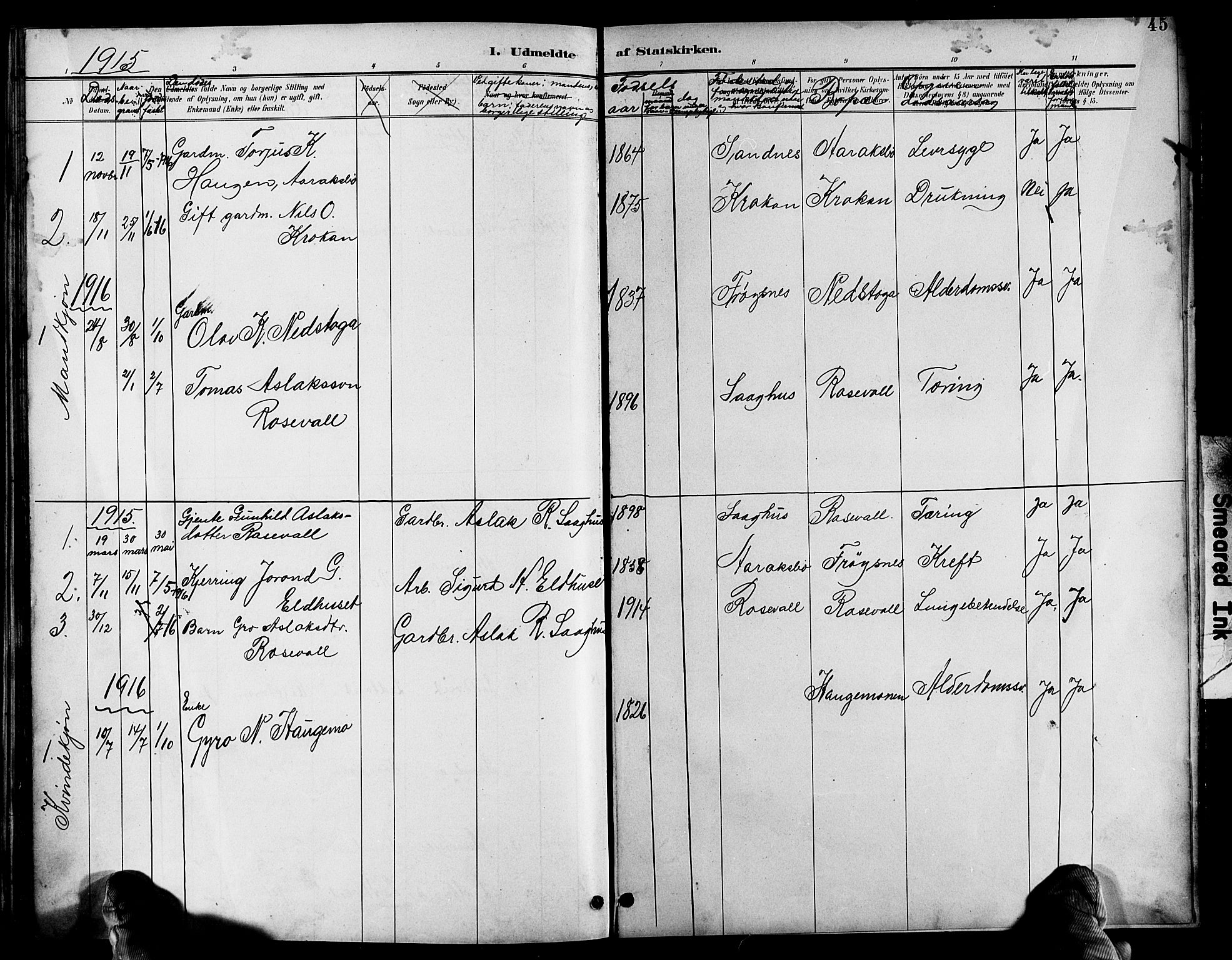 Bygland sokneprestkontor, AV/SAK-1111-0006/F/Fb/Fbc/L0002: Parish register (copy) no. B 2, 1895-1916, p. 45