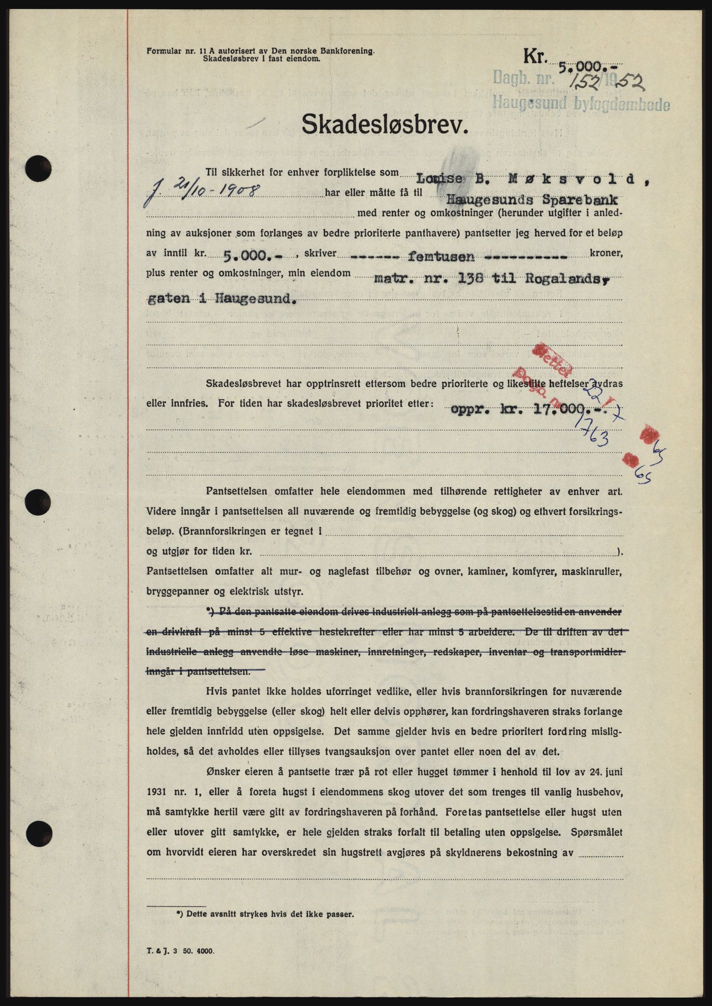 Haugesund tingrett, AV/SAST-A-101415/01/II/IIC/L0038: Mortgage book no. B 38, 1950-1951, Diary no: : 152/1952