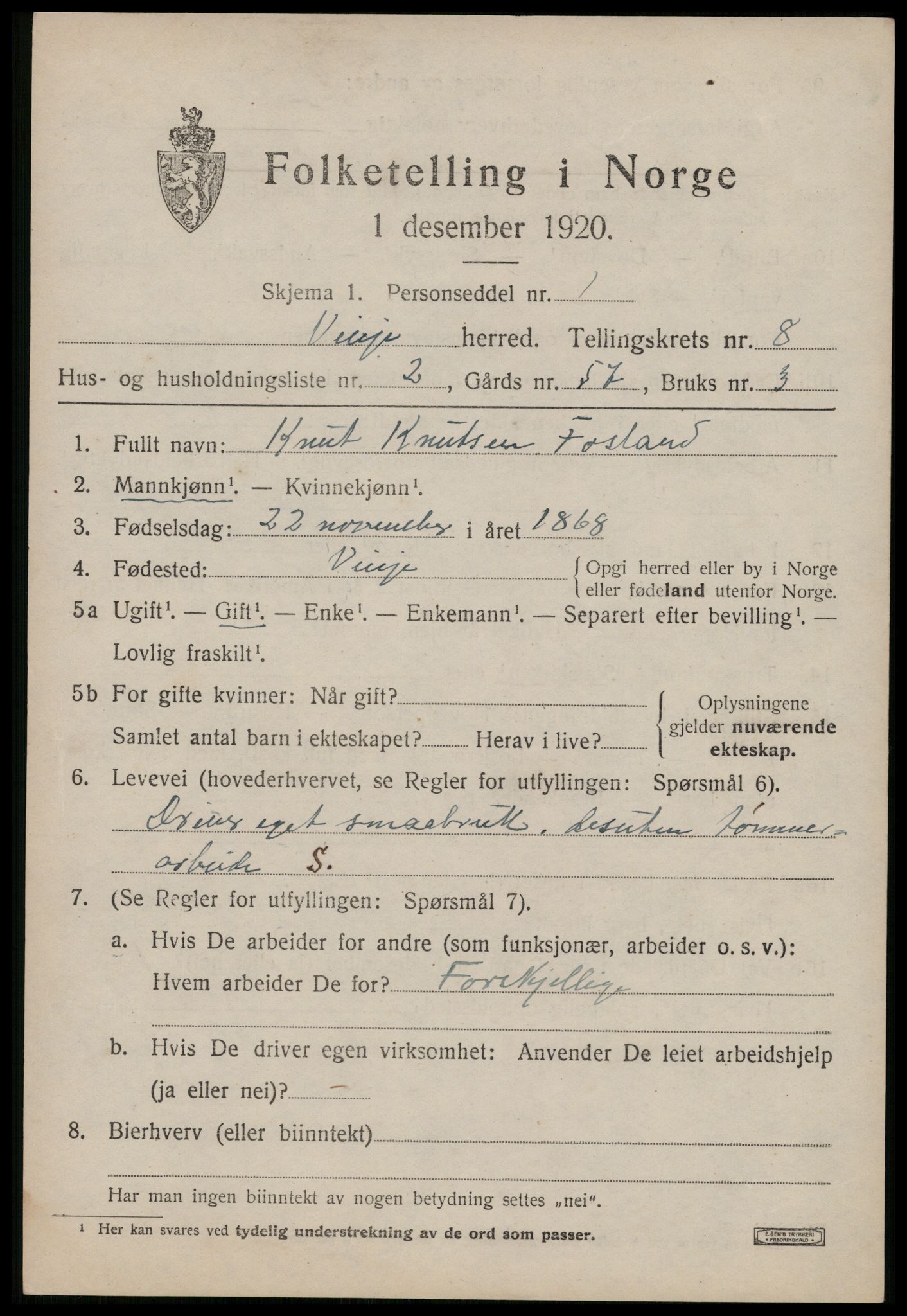 SAKO, 1920 census for Vinje, 1920, p. 2209