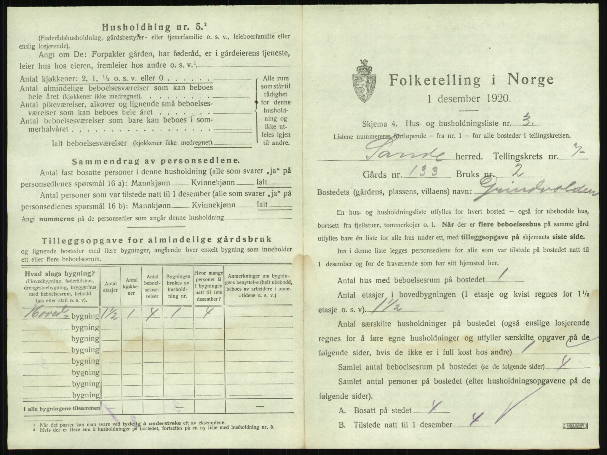 SAKO, 1920 census for Sande, 1920, p. 1217
