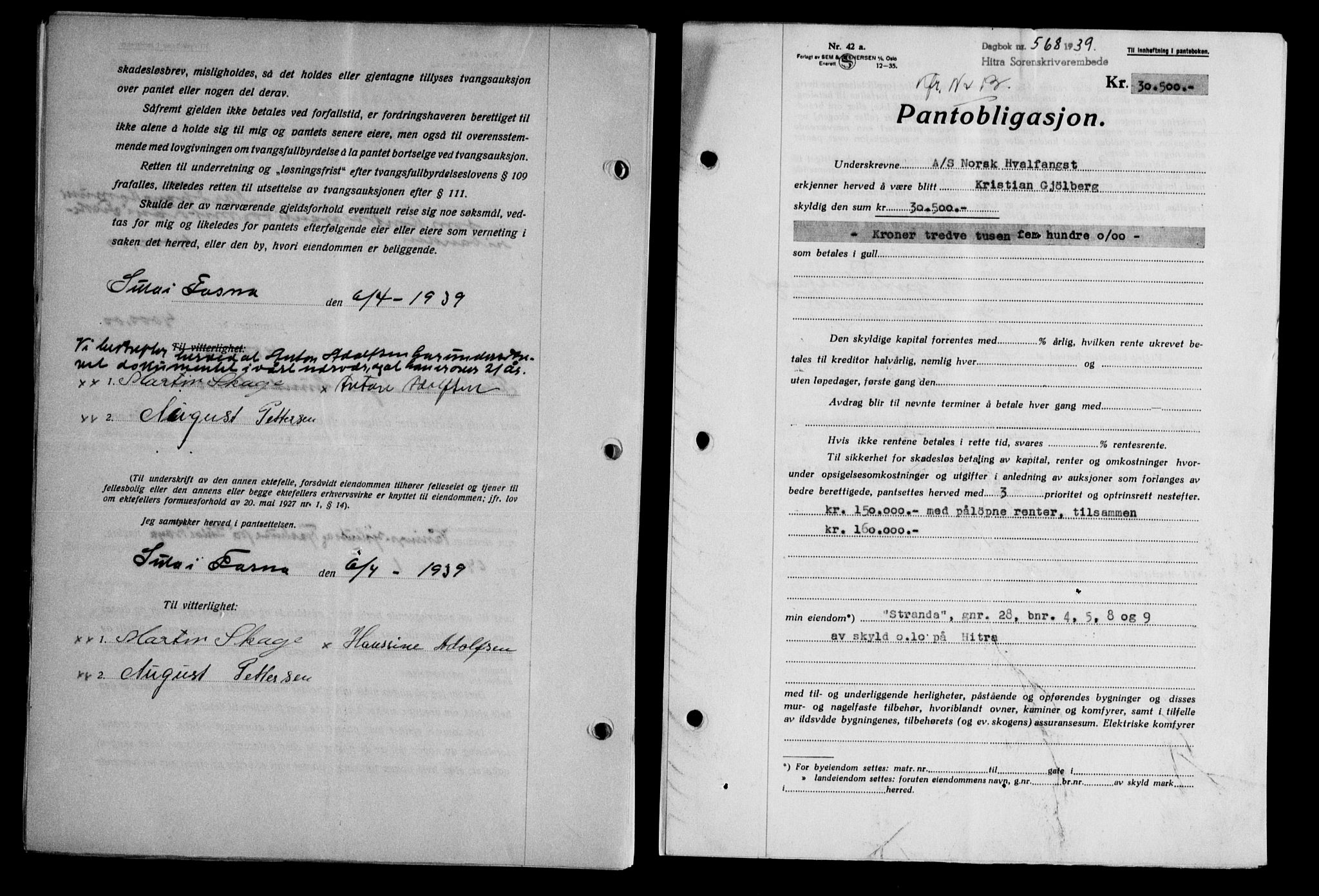 Hitra sorenskriveri, AV/SAT-A-0018/2/2C/2Ca/L0028: Mortgage book no. B-1, 1936-1939, Diary no: : 568/1939