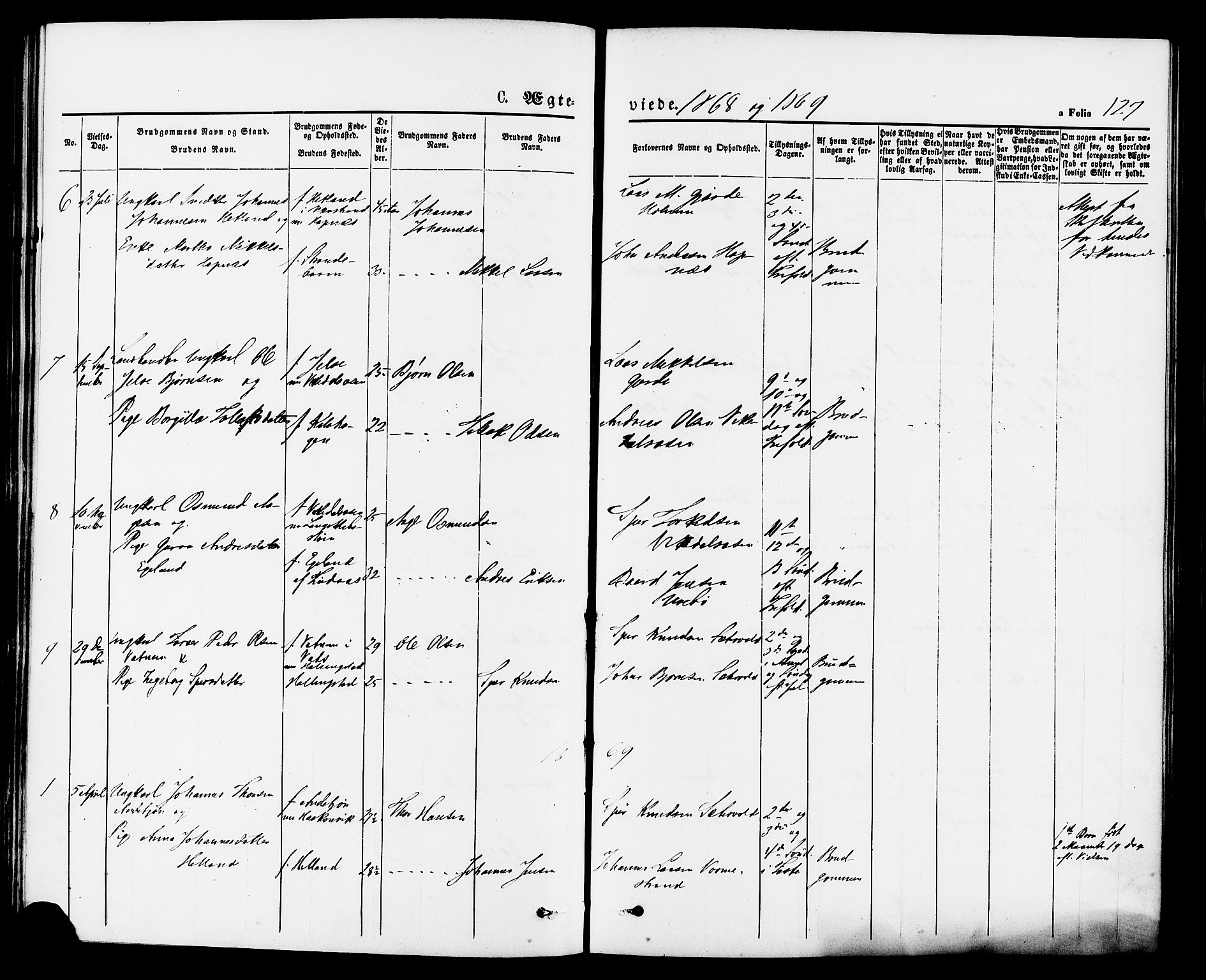 Vikedal sokneprestkontor, SAST/A-101840/01/IV: Parish register (official) no. A 7, 1868-1883, p. 127