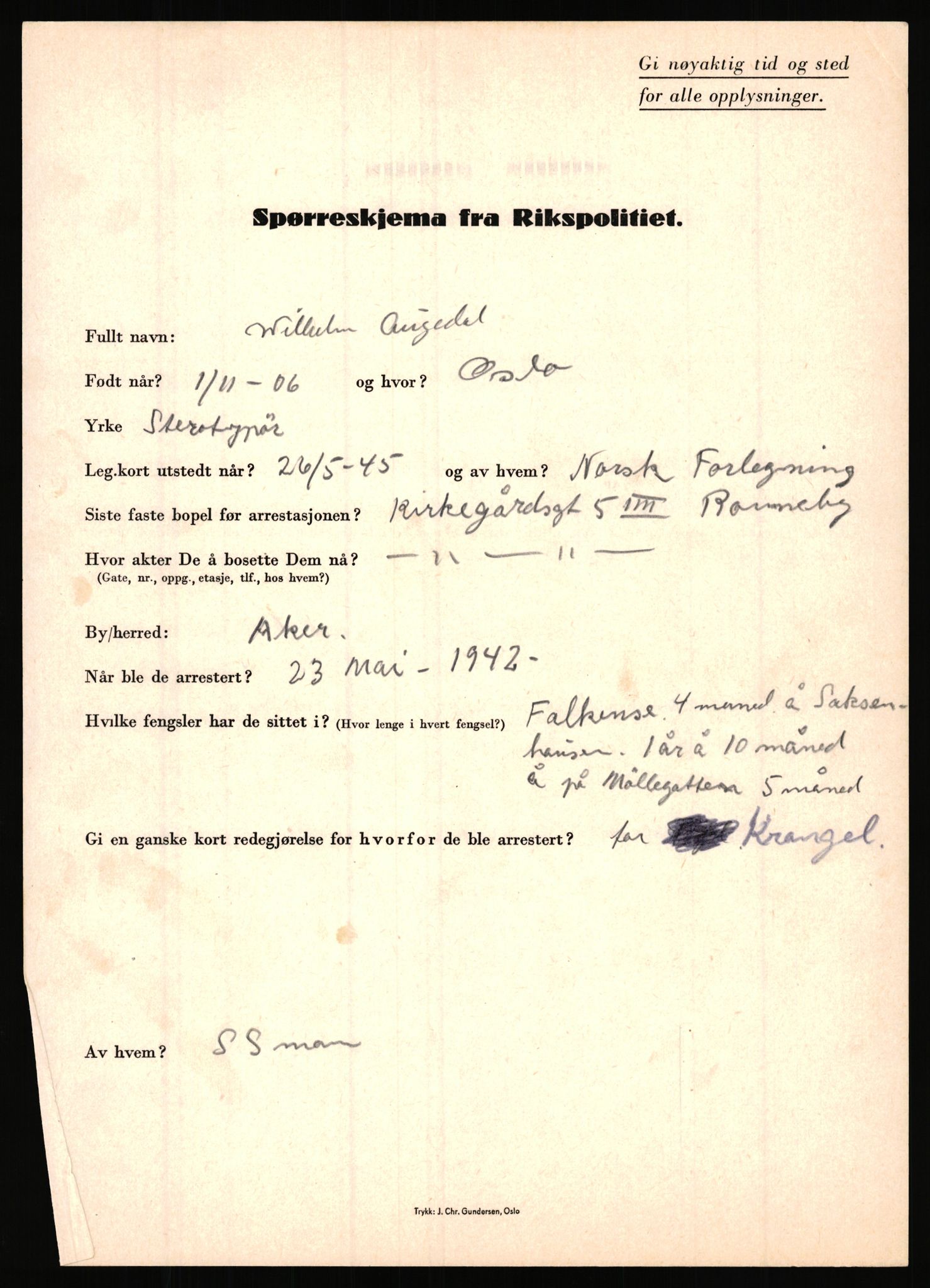 Rikspolitisjefen, AV/RA-S-1560/L/L0001: Abelseth, Rudolf - Berentsen, Odd, 1940-1945, p. 959