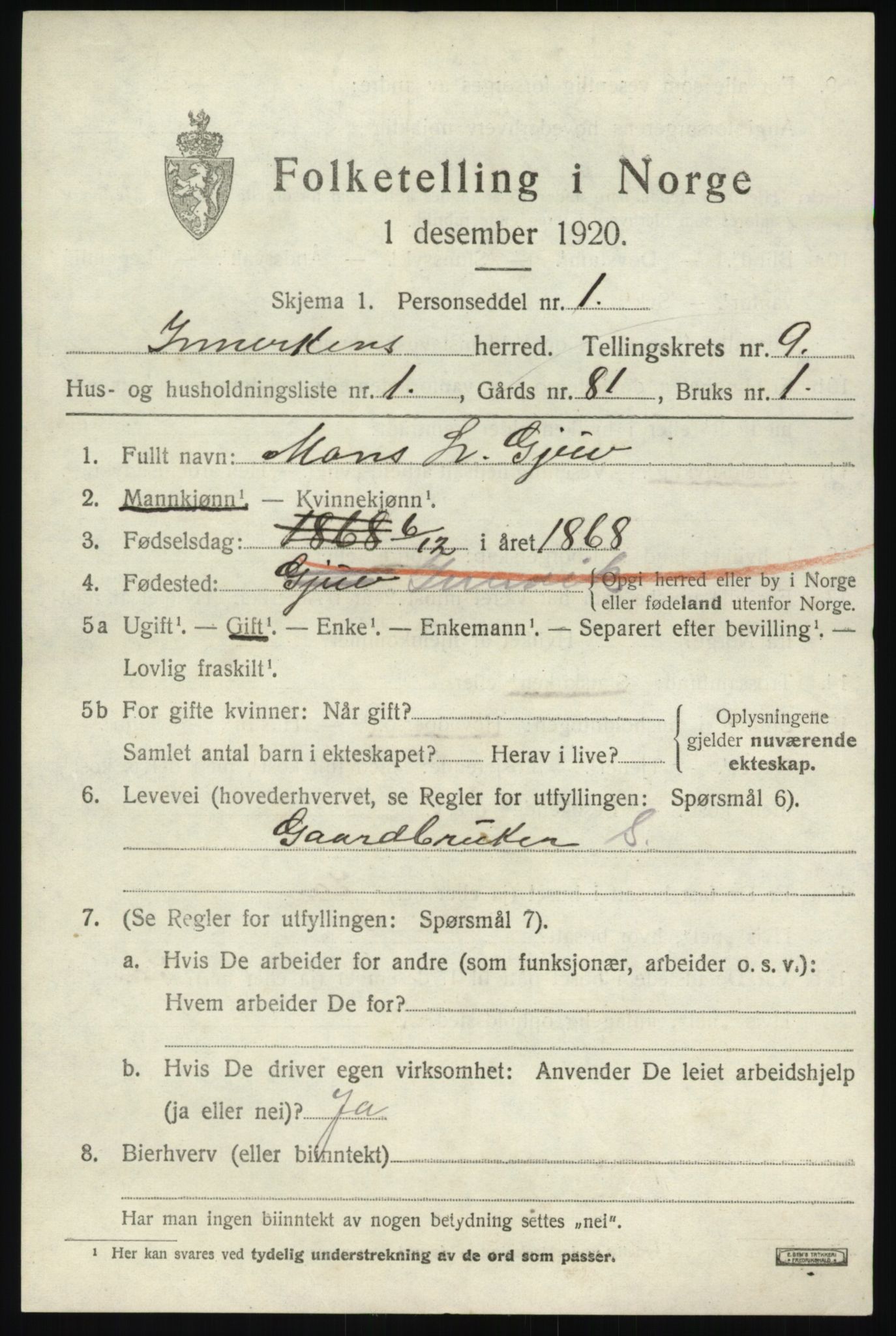 SAB, 1920 census for Innvik, 1920, p. 3899