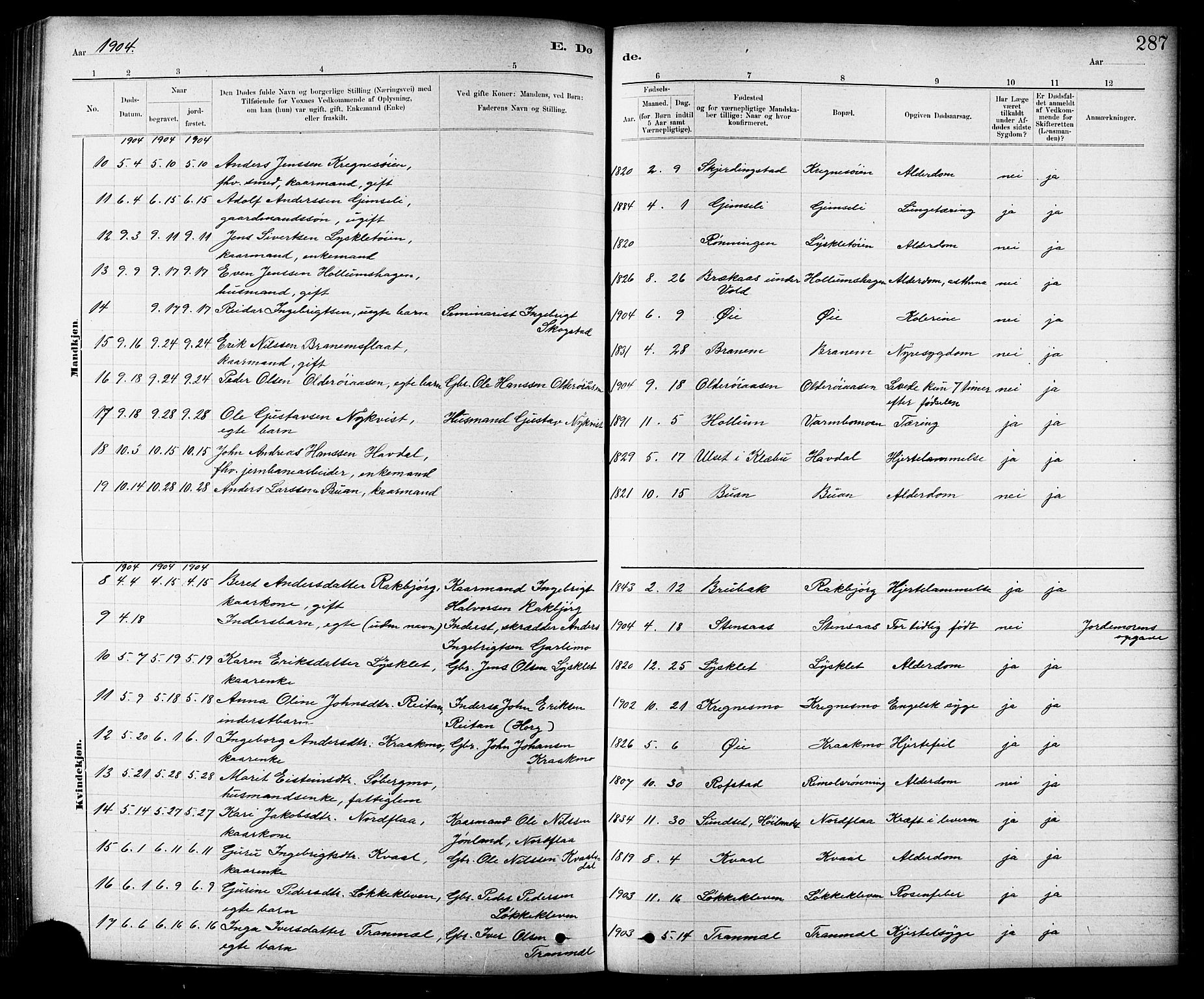 Ministerialprotokoller, klokkerbøker og fødselsregistre - Sør-Trøndelag, SAT/A-1456/691/L1094: Parish register (copy) no. 691C05, 1879-1911, p. 287