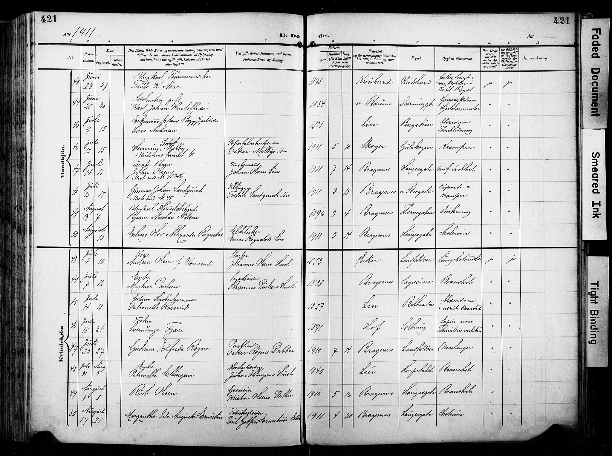 Bragernes kirkebøker, SAKO/A-6/F/Fb/L0009: Parish register (official) no. II 9, 1902-1911, p. 421