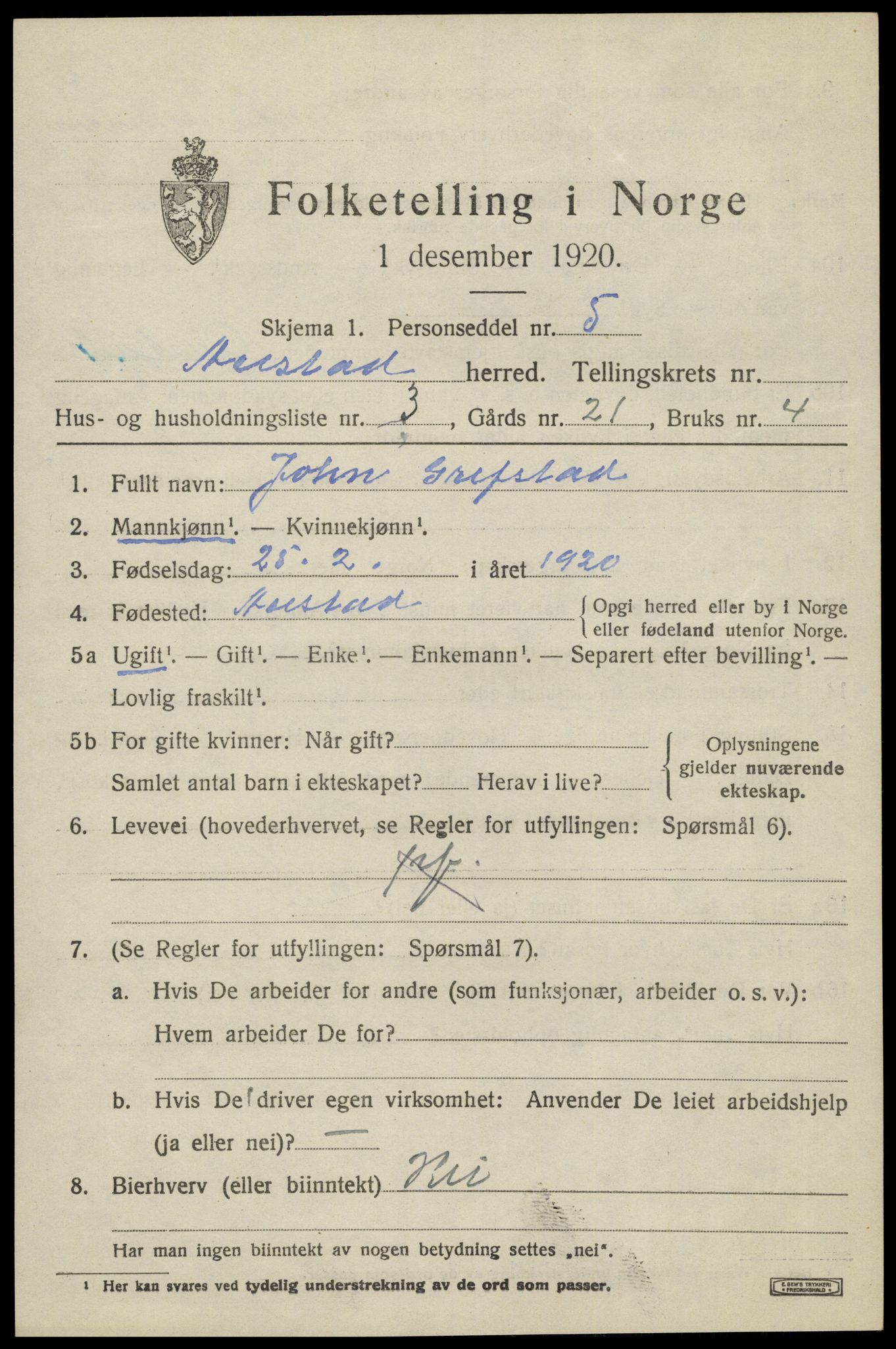 SAK, 1920 census for Austad, 1920, p. 1437