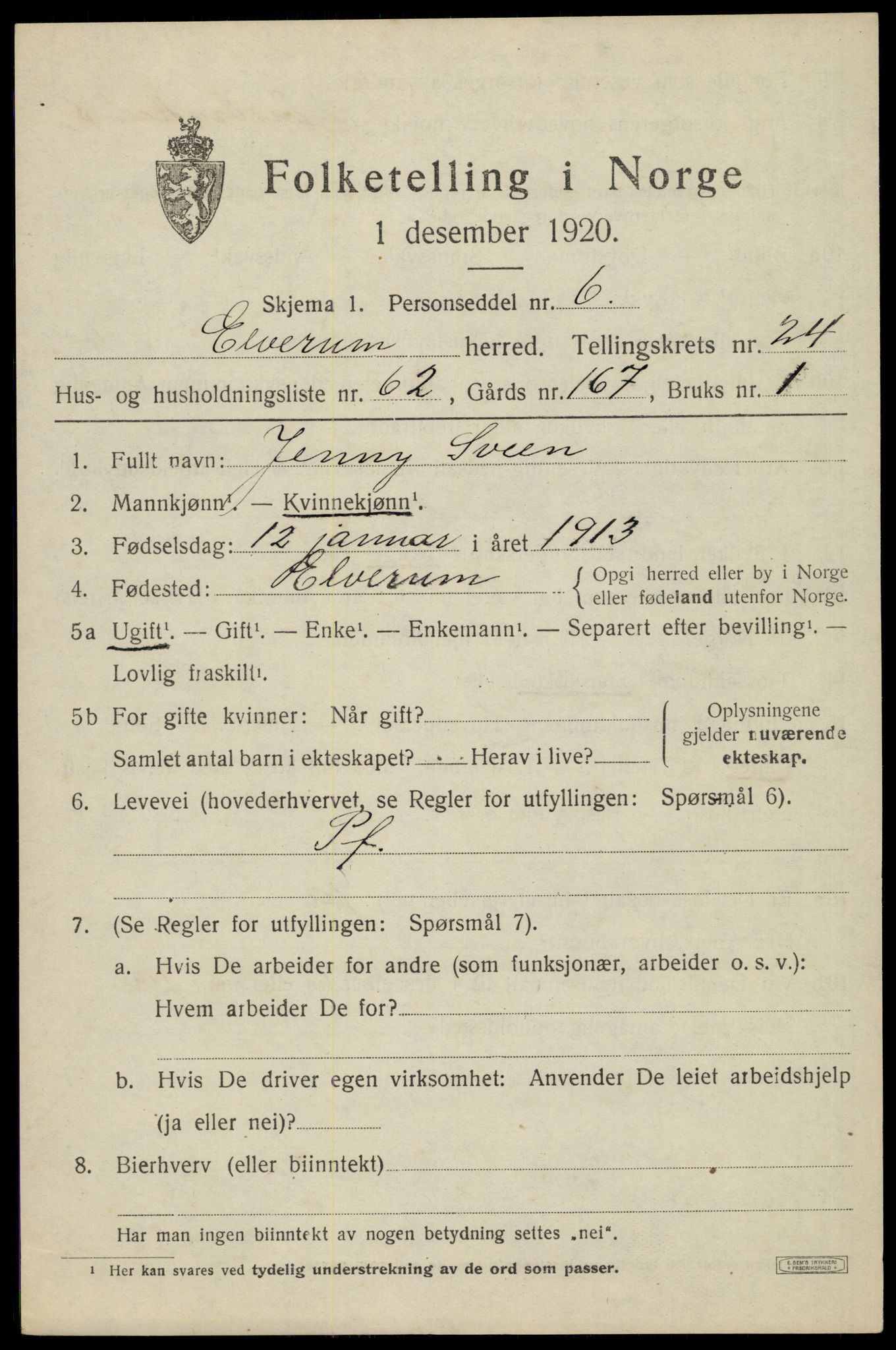 SAH, 1920 census for Elverum, 1920, p. 26218