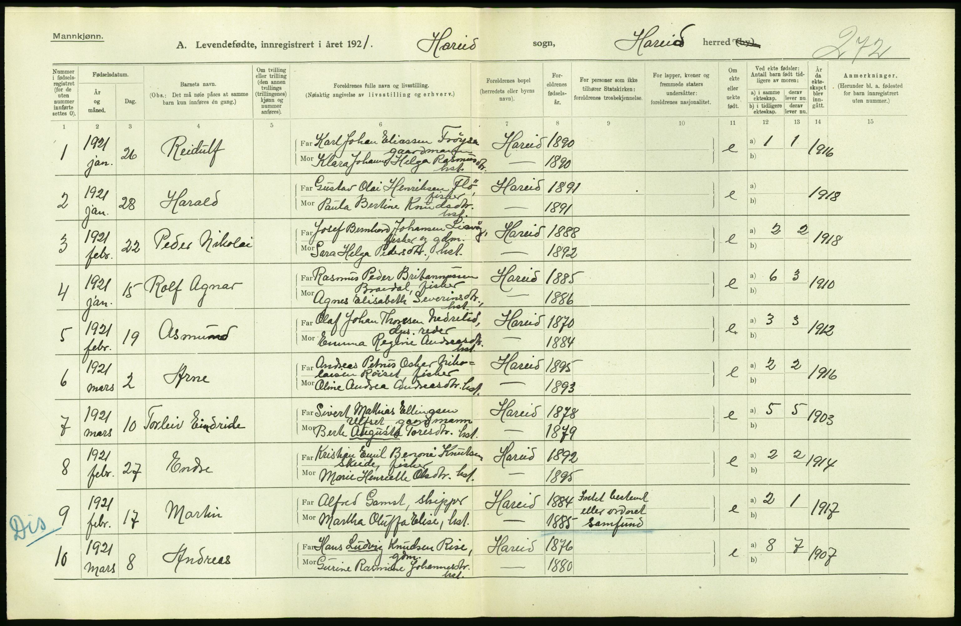 Statistisk sentralbyrå, Sosiodemografiske emner, Befolkning, RA/S-2228/D/Df/Dfc/Dfca/L0040: Møre fylke: Levendefødte menn og kvinner. Bygder., 1921, p. 50