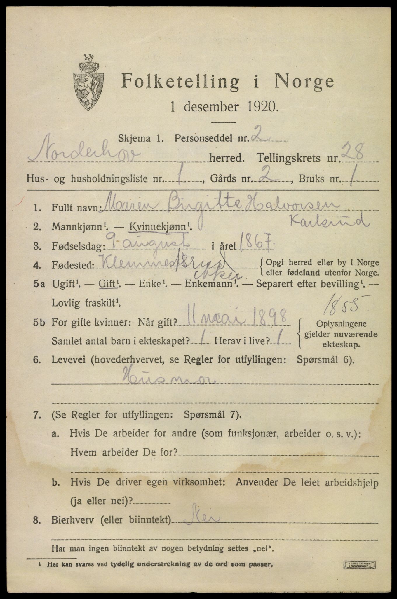 SAKO, 1920 census for Norderhov, 1920, p. 24832