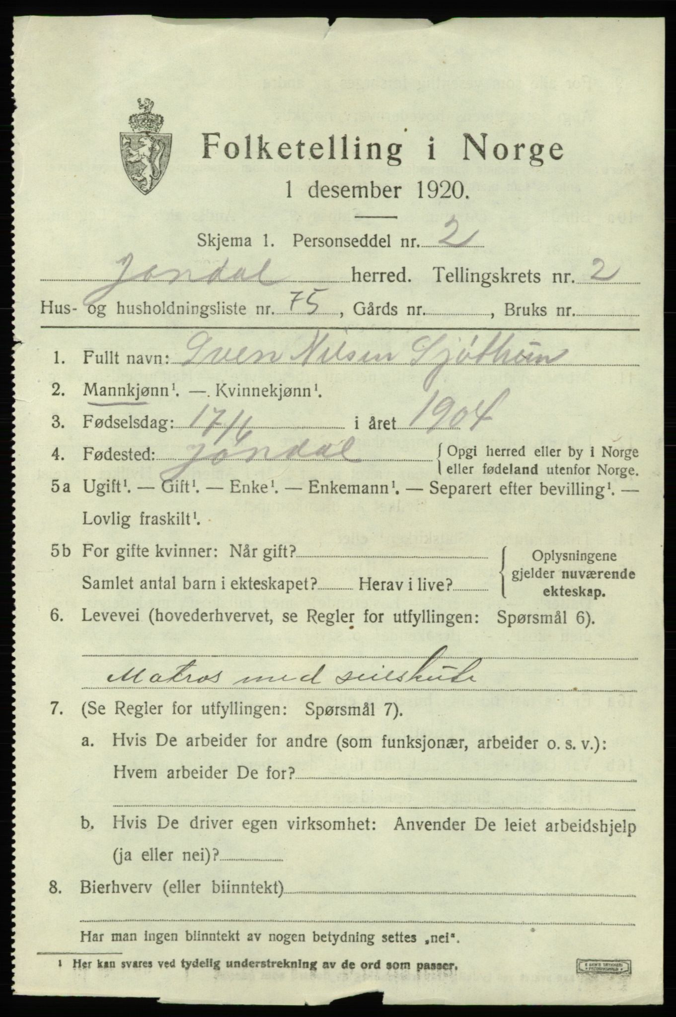 SAB, 1920 census for Jondal, 1920, p. 1744