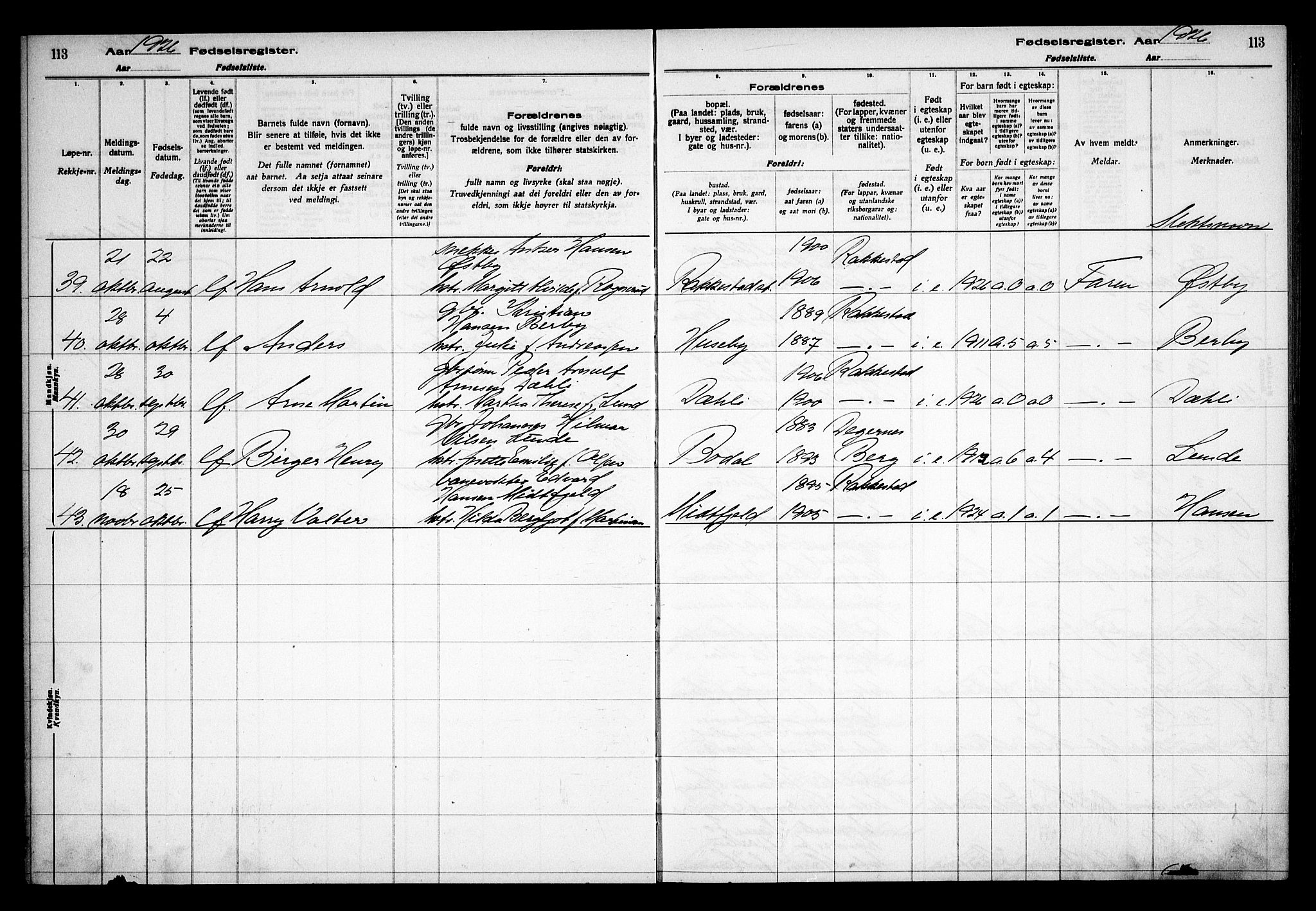 Rakkestad prestekontor Kirkebøker, AV/SAO-A-2008/J/Ja/L0001: Birth register no. I 1, 1916-1936, p. 113