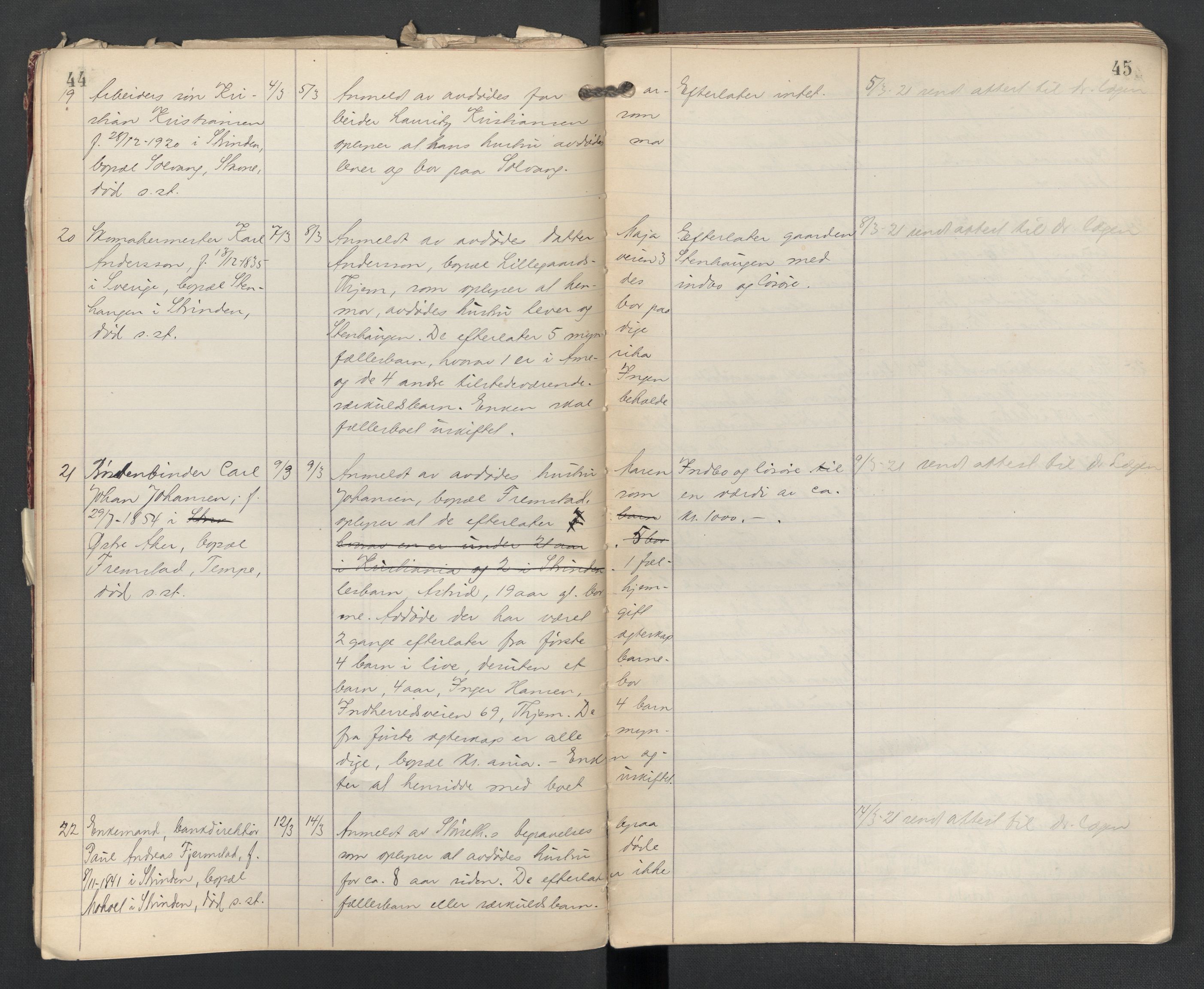 Strinda lensmannskontor, AV/SAT-A-1083/1/02/L0004: 2.01.04 Dødsfallsprotokoll, 1920-1925, p. 44-45
