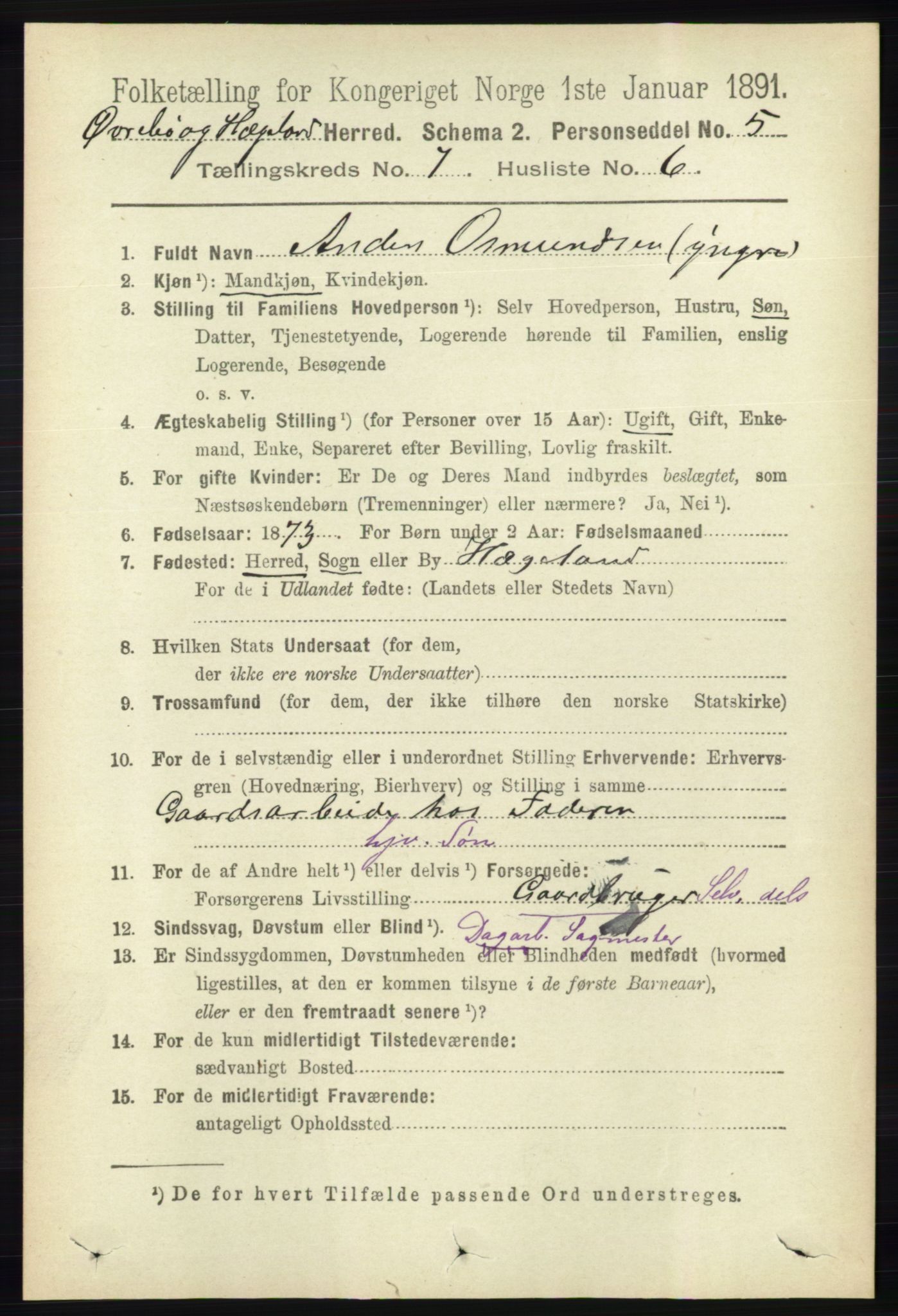 RA, 1891 census for 1016 Øvrebø og Hægeland, 1891, p. 1370