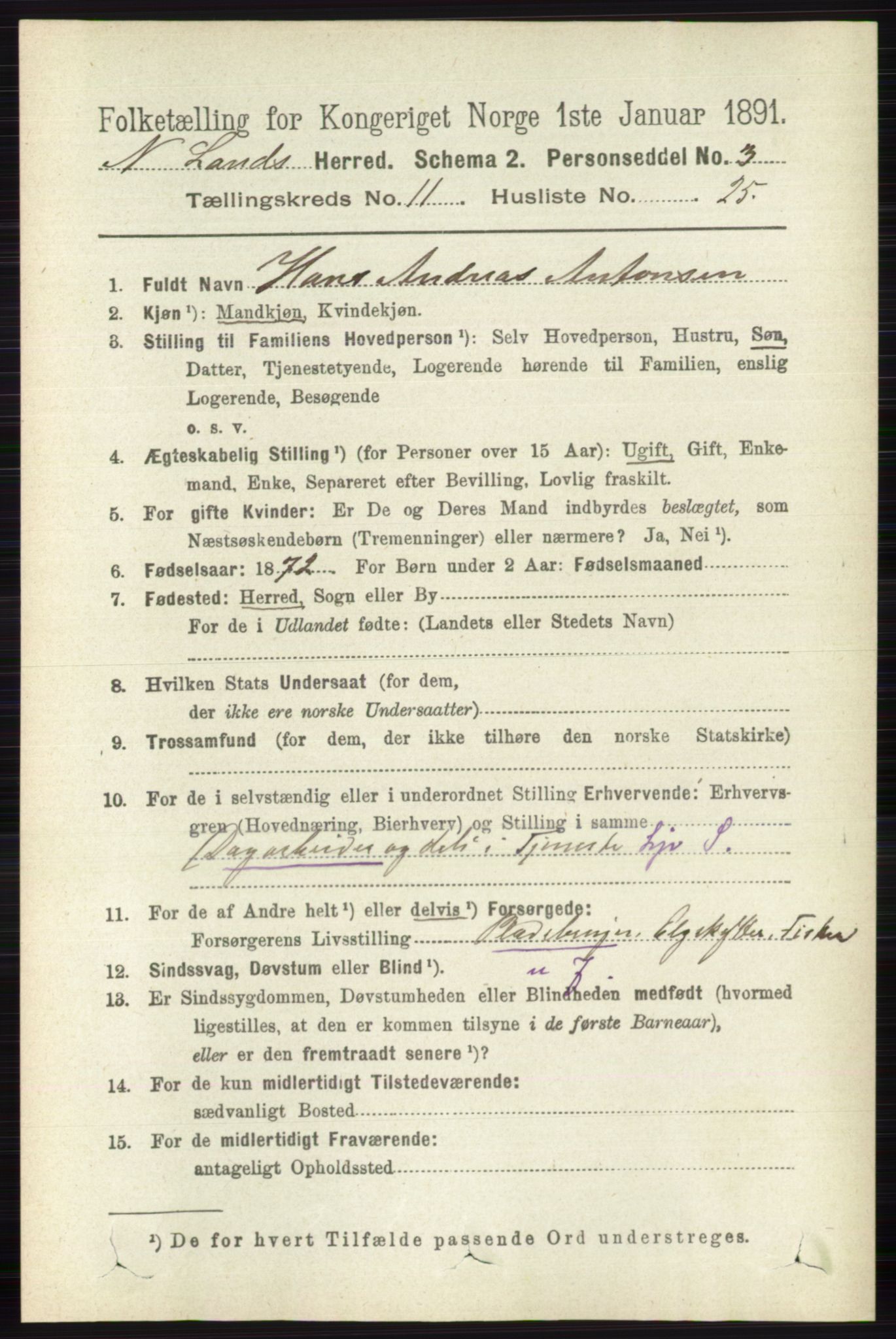 RA, 1891 census for 0538 Nordre Land, 1891, p. 3163