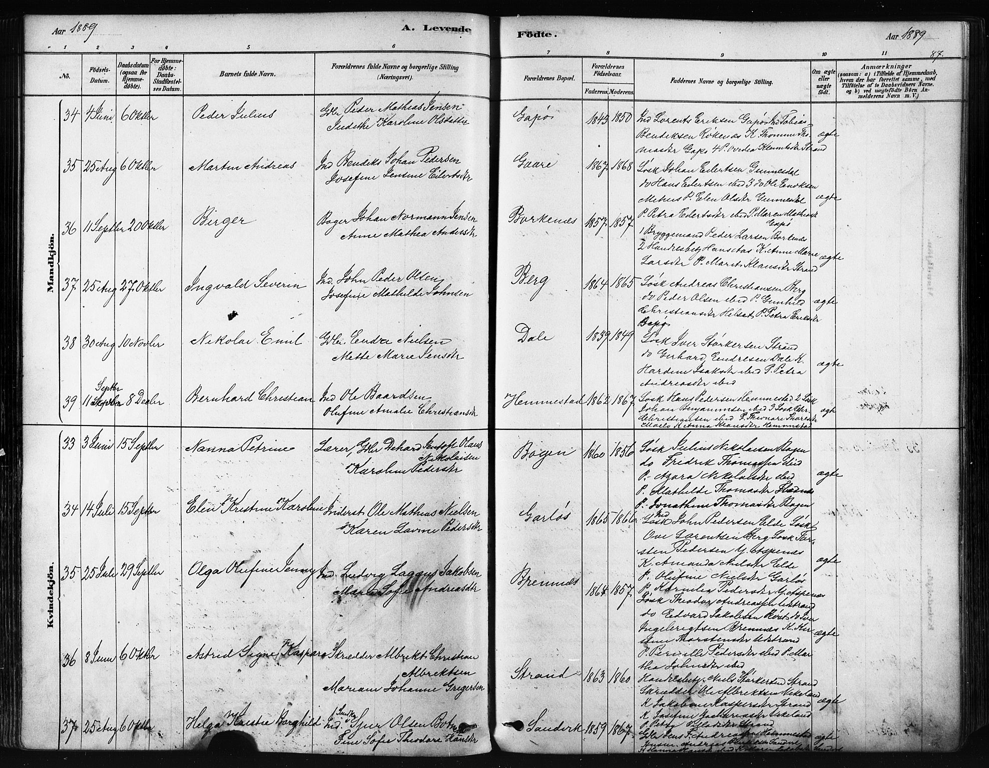 Kvæfjord sokneprestkontor, AV/SATØ-S-1323/G/Ga/Gaa/L0005kirke: Parish register (official) no. 5, 1878-1894, p. 87