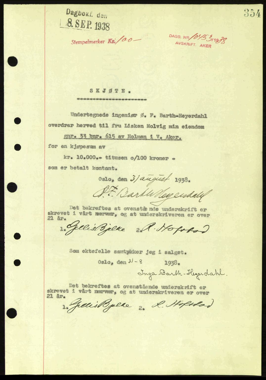 Aker herredsskriveri, SAO/A-10896/G/Gb/Gba/Gbab/L0025: Mortgage book no. A154-155, 1938-1938, Diary no: : 10453/1938