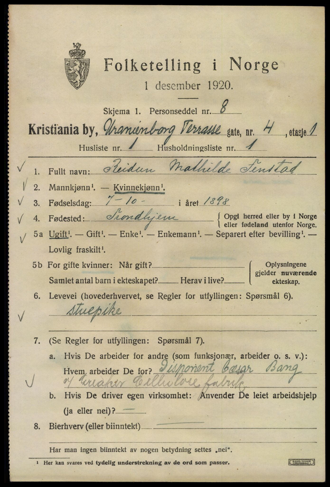 SAO, 1920 census for Kristiania, 1920, p. 618917