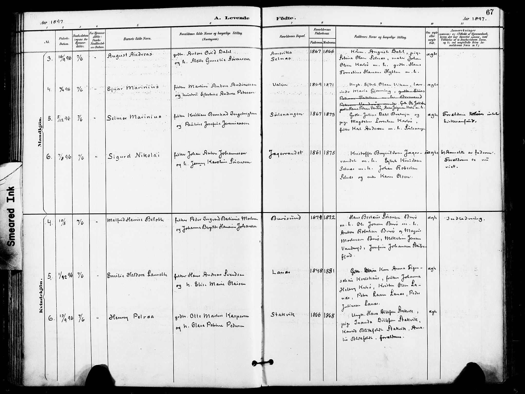Karlsøy sokneprestembete, AV/SATØ-S-1299/H/Ha/Haa/L0007kirke: Parish register (official) no. 7, 1891-1902, p. 67