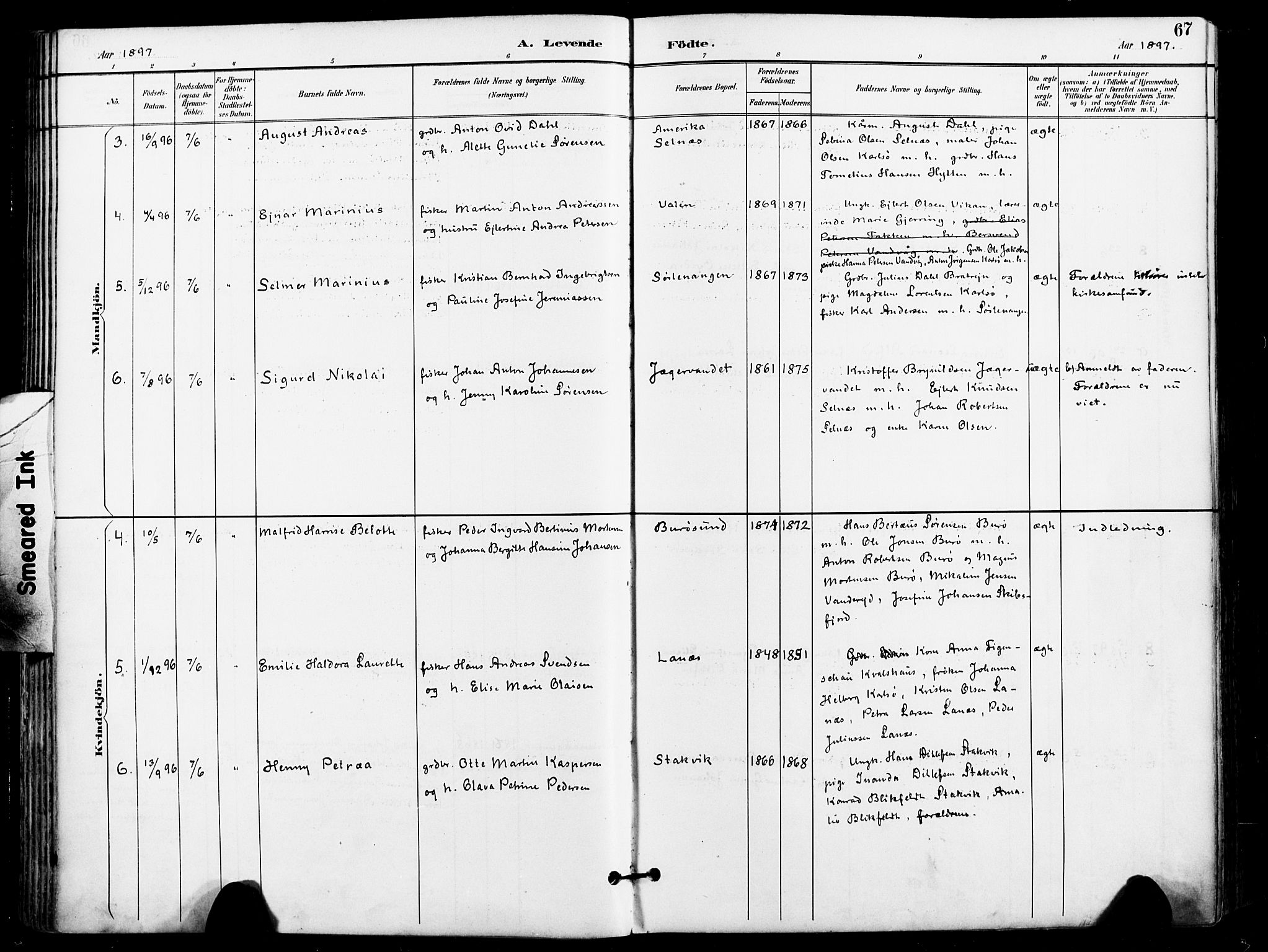 Karlsøy sokneprestembete, SATØ/S-1299/H/Ha/Haa/L0007kirke: Parish register (official) no. 7, 1891-1902, p. 67