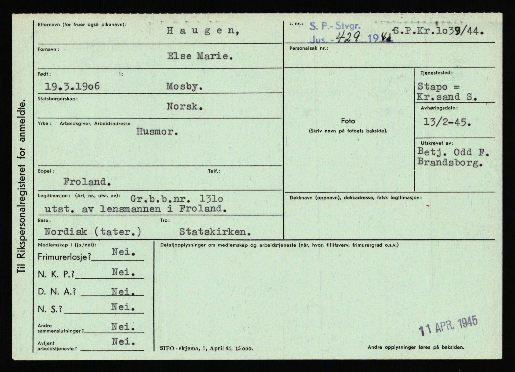 Statspolitiet - Hovedkontoret / Osloavdelingen, AV/RA-S-1329/C/Ca/L0006: Hanche - Hokstvedt, 1943-1945, p. 2351