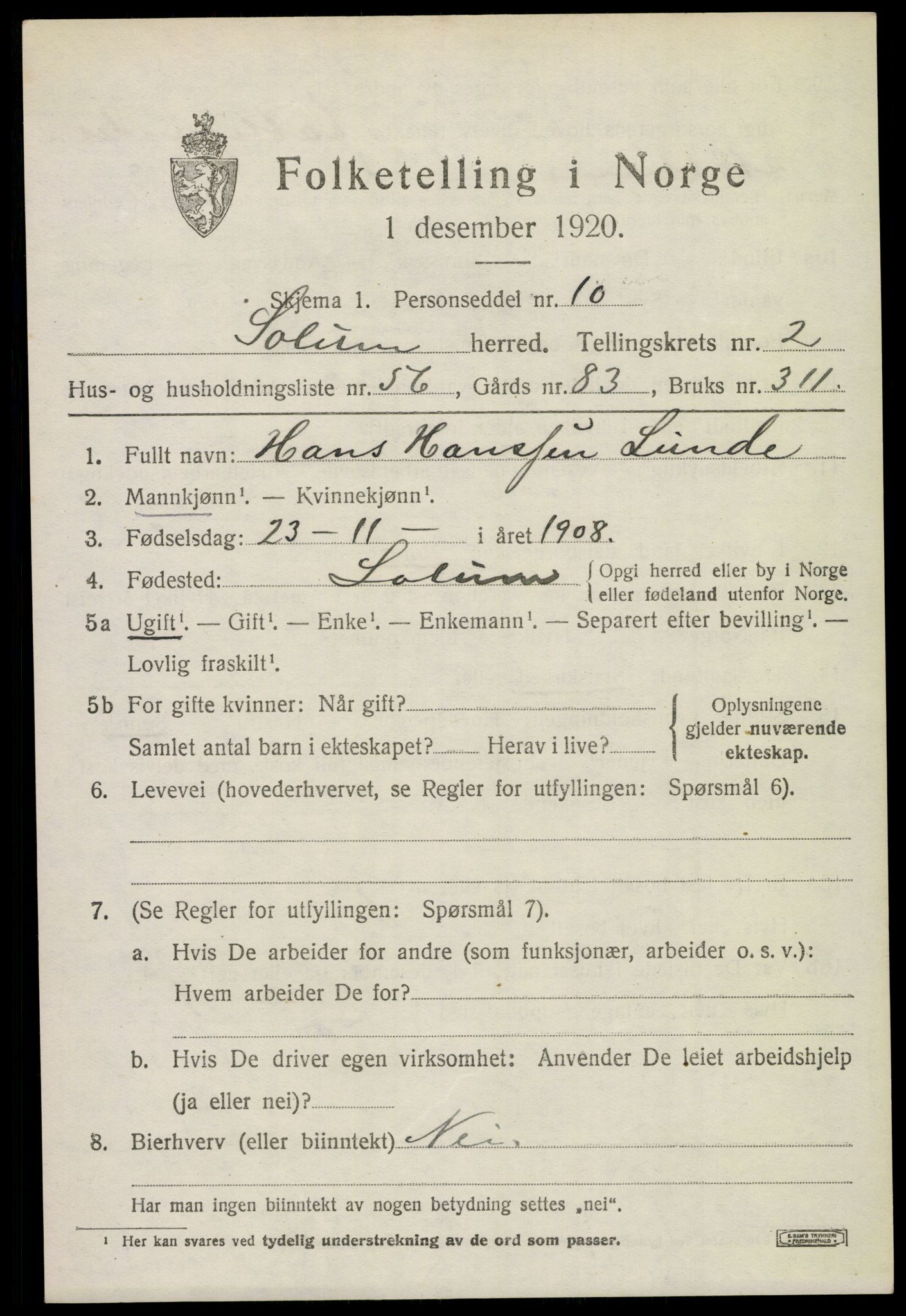 SAKO, 1920 census for Solum, 1920, p. 7674