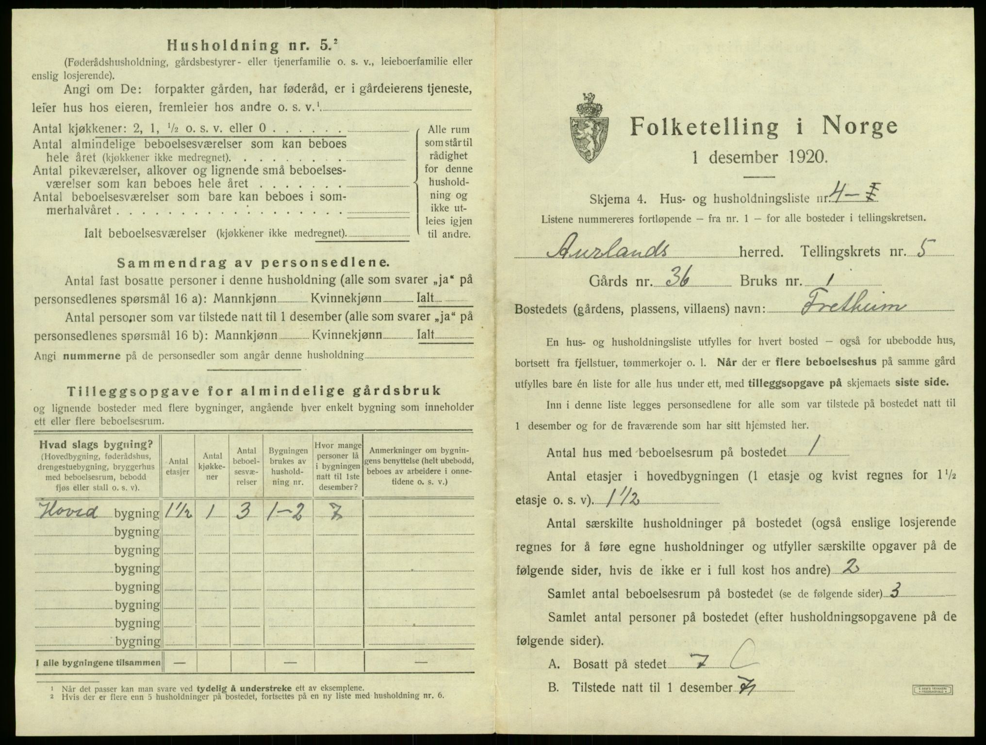 SAB, 1920 census for Aurland, 1920, p. 409