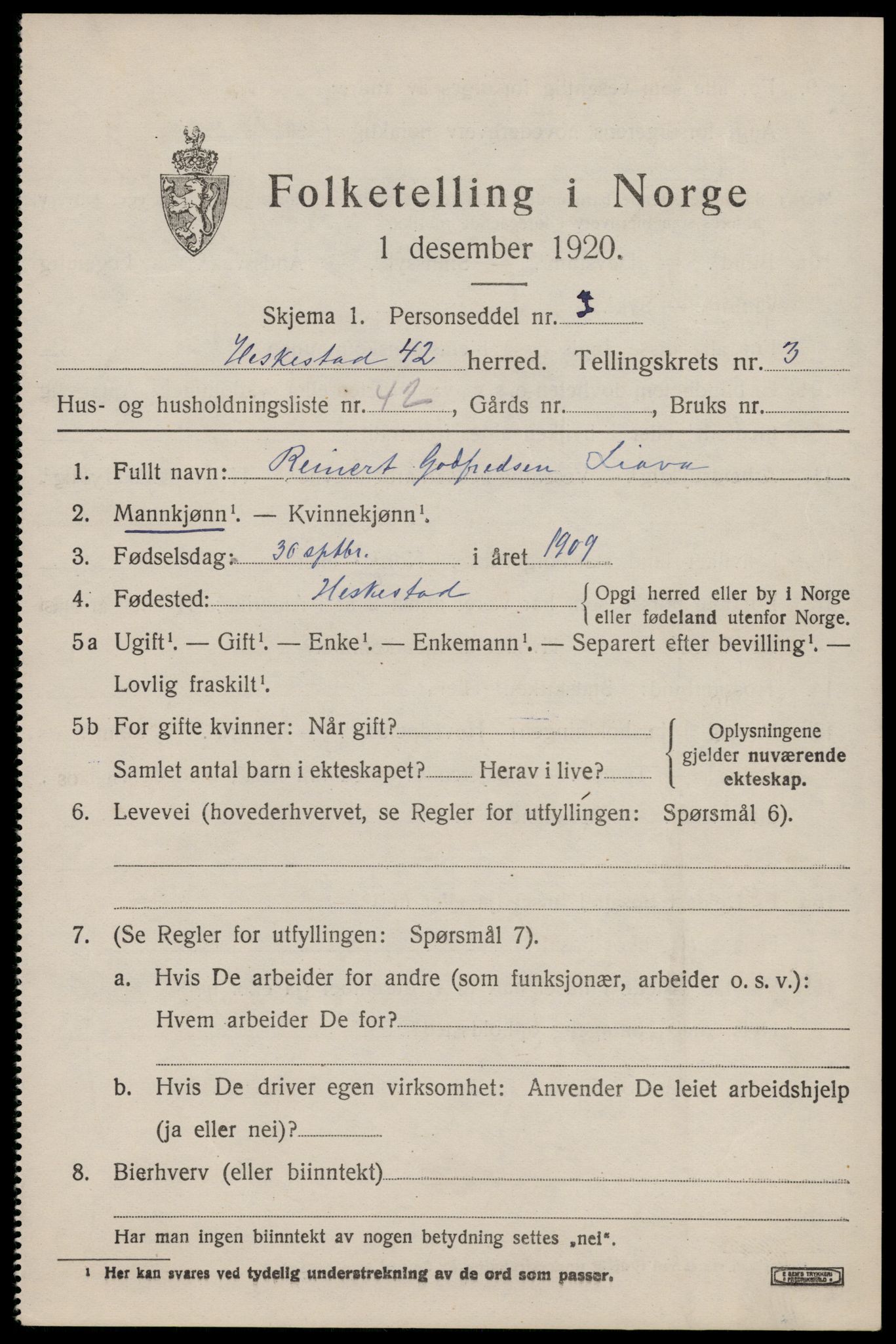 SAST, 1920 census for Heskestad, 1920, p. 1395