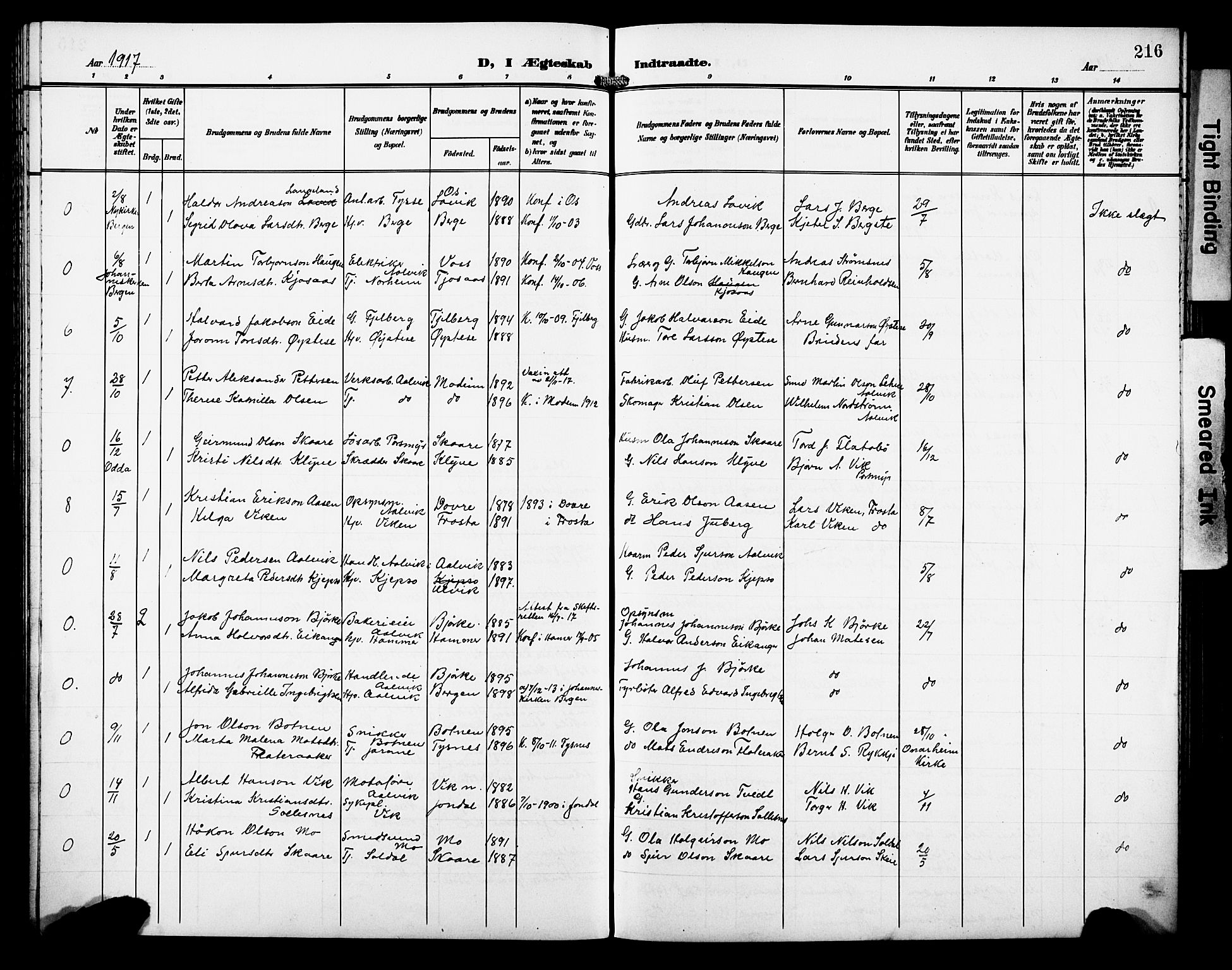 Kvam sokneprestembete, SAB/A-76201/H/Hab: Parish register (copy) no. C 4, 1906-1931, p. 216