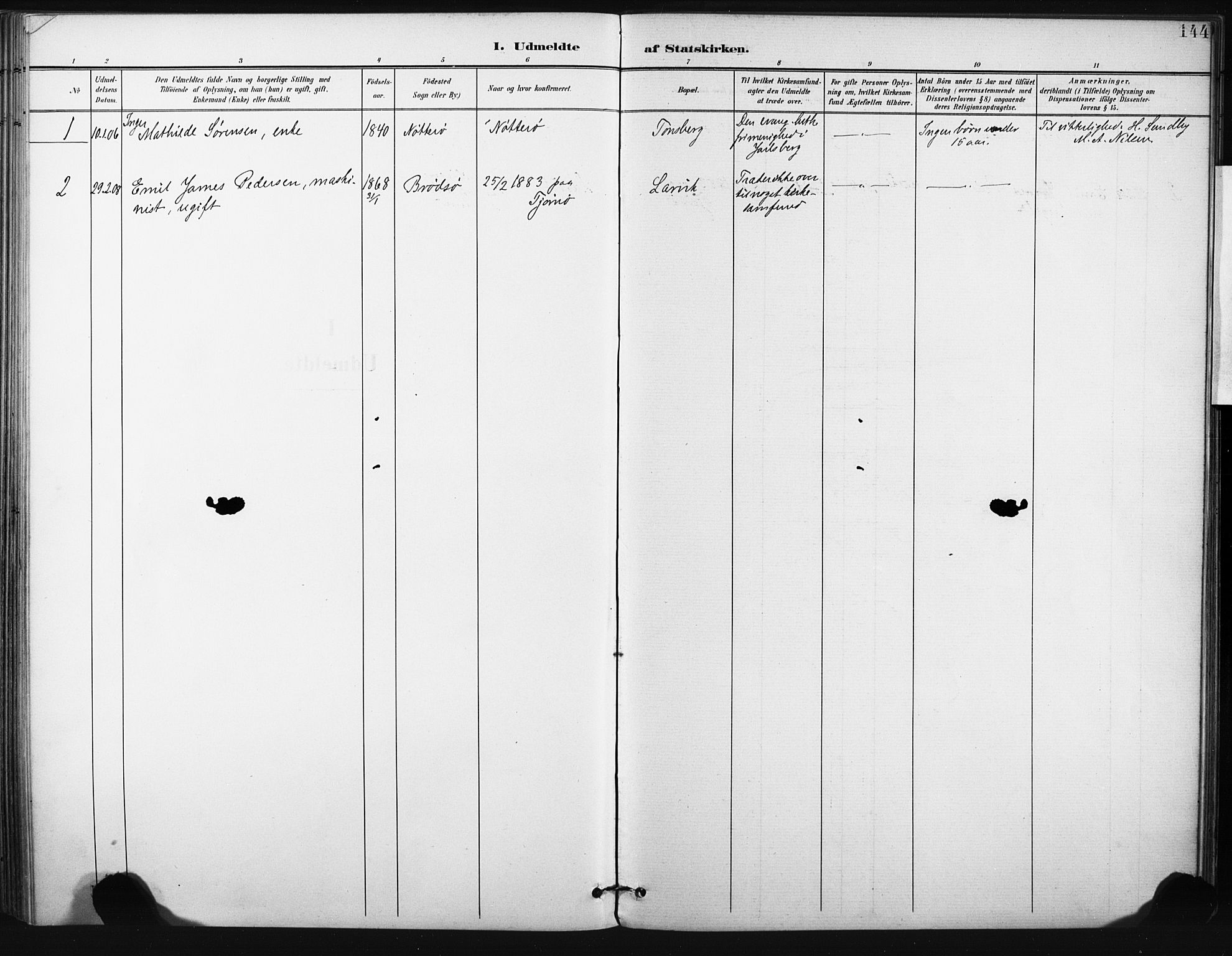 Tjøme kirkebøker, AV/SAKO-A-328/F/Fa/L0005: Parish register (official) no. I 5, 1901-1909, p. 144