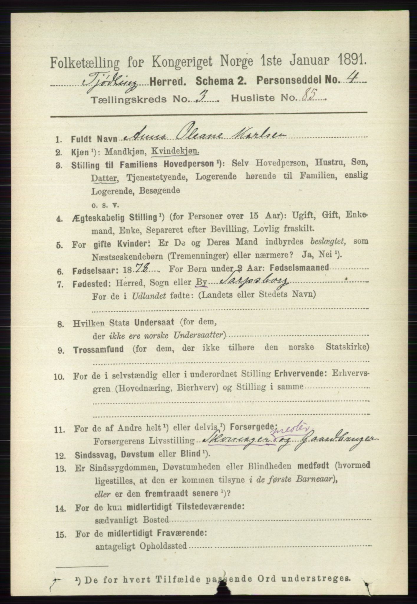 RA, 1891 census for 0725 Tjølling, 1891, p. 1364