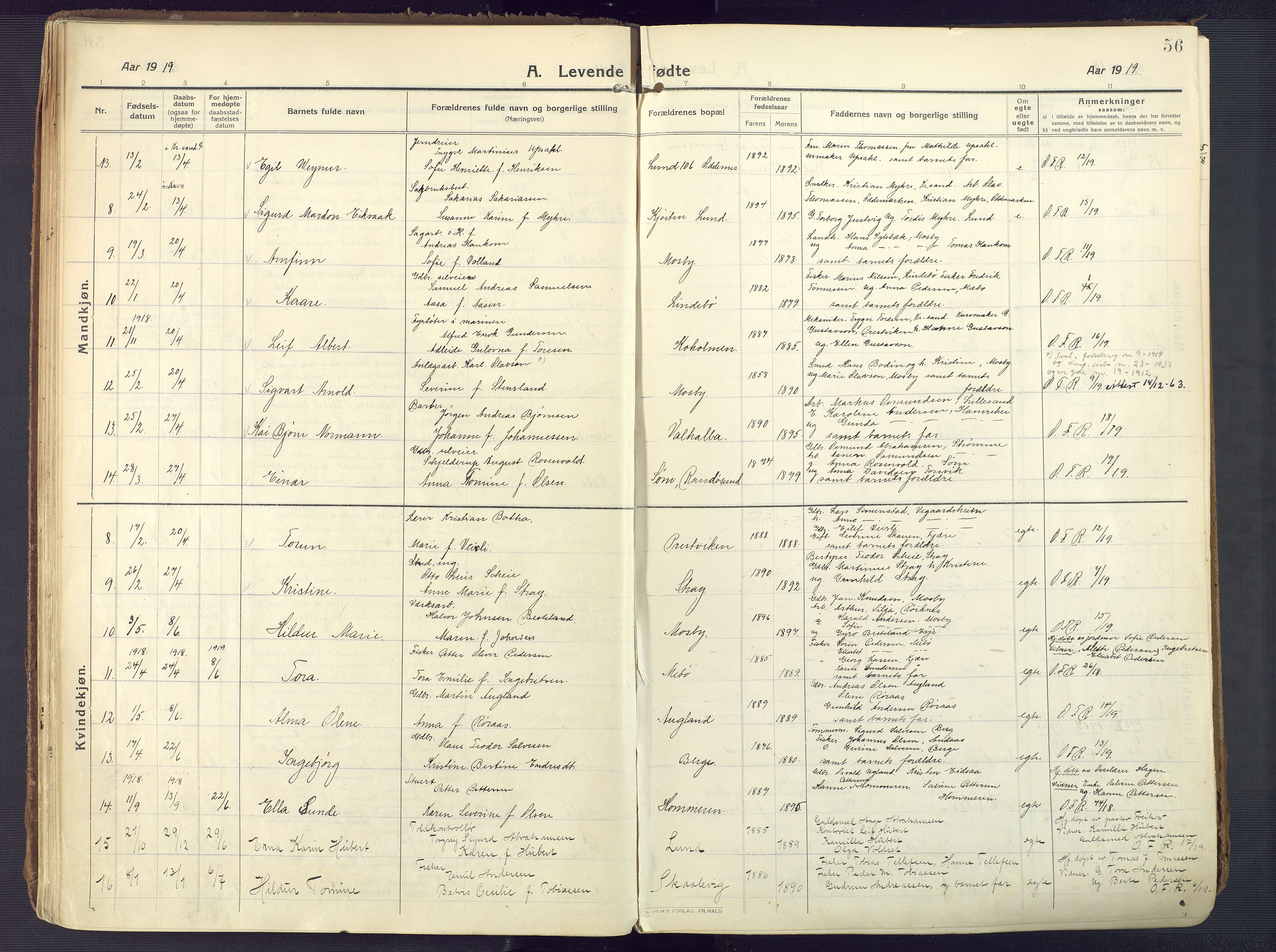 Oddernes sokneprestkontor, AV/SAK-1111-0033/F/Fa/Faa/L0012: Parish register (official) no. A 12, 1912-1925, p. 56