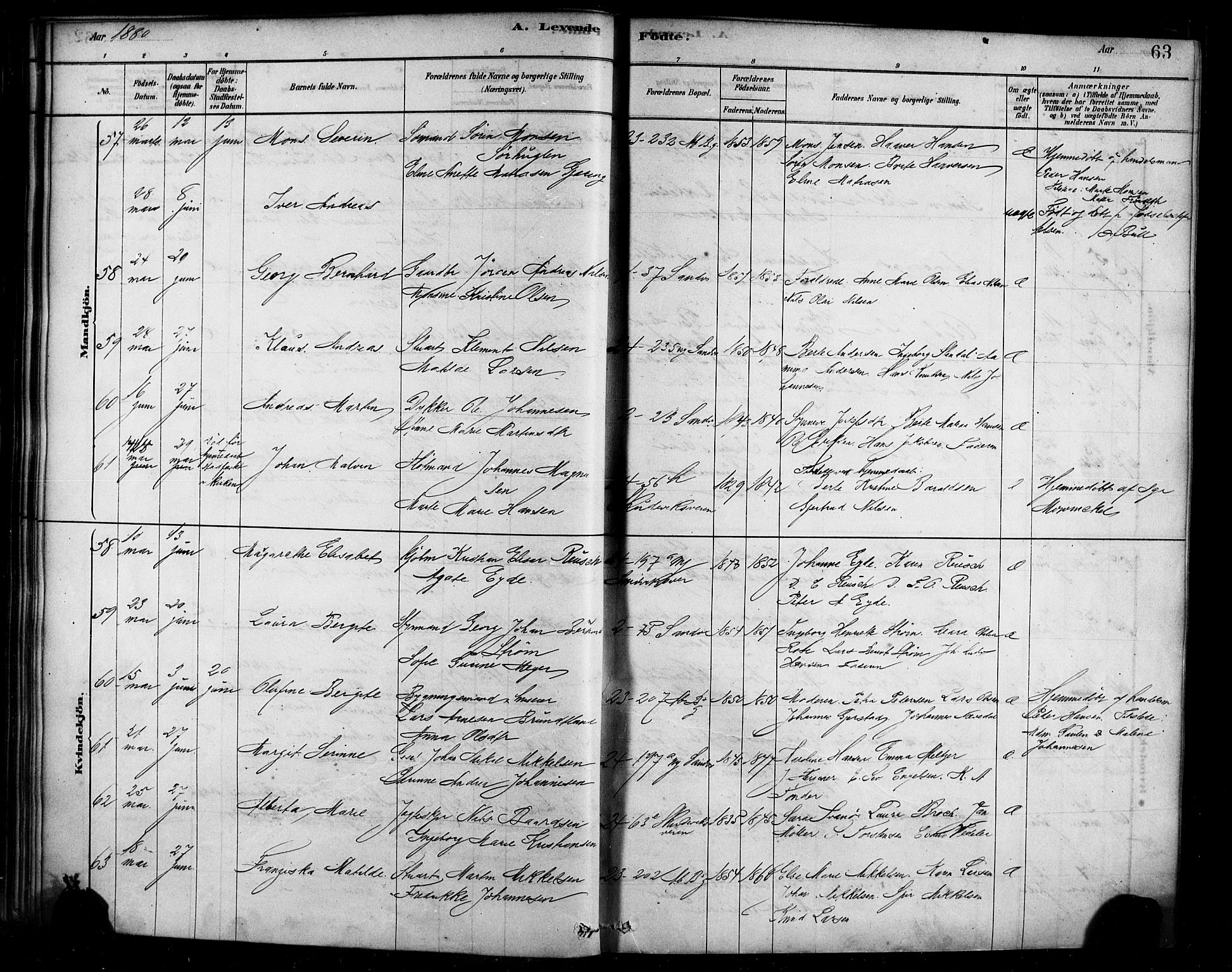 Sandviken Sokneprestembete, SAB/A-77601/H/Ha/L0004: Parish register (official) no. B 1, 1878-1891, p. 63