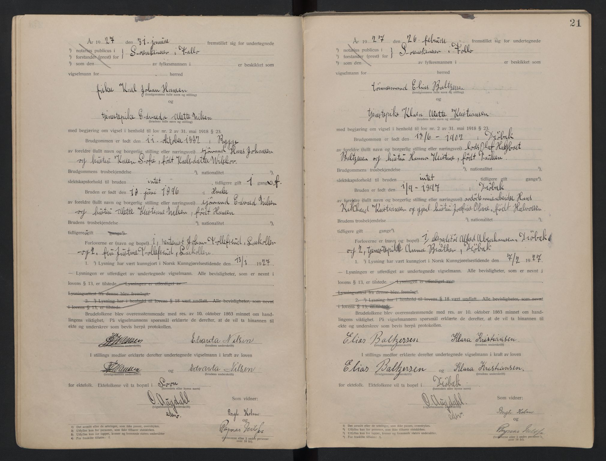 Follo sorenskriveri, AV/SAO-A-10274/L/La/Lab/L0001: Vigselsbok, 1920-1942, p. 21
