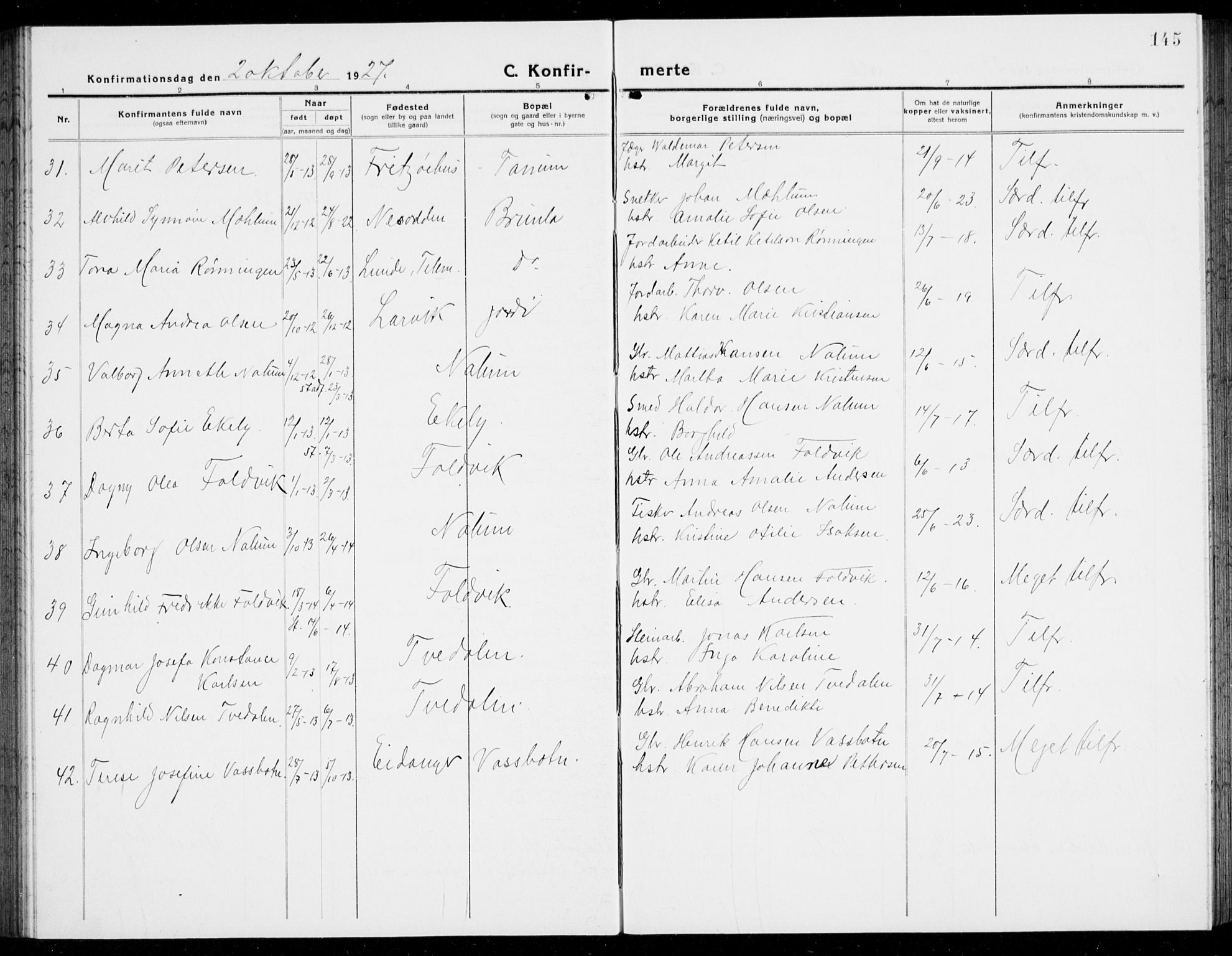 Brunlanes kirkebøker, SAKO/A-342/G/Ga/L0005: Parish register (copy) no. I 5, 1918-1941, p. 145