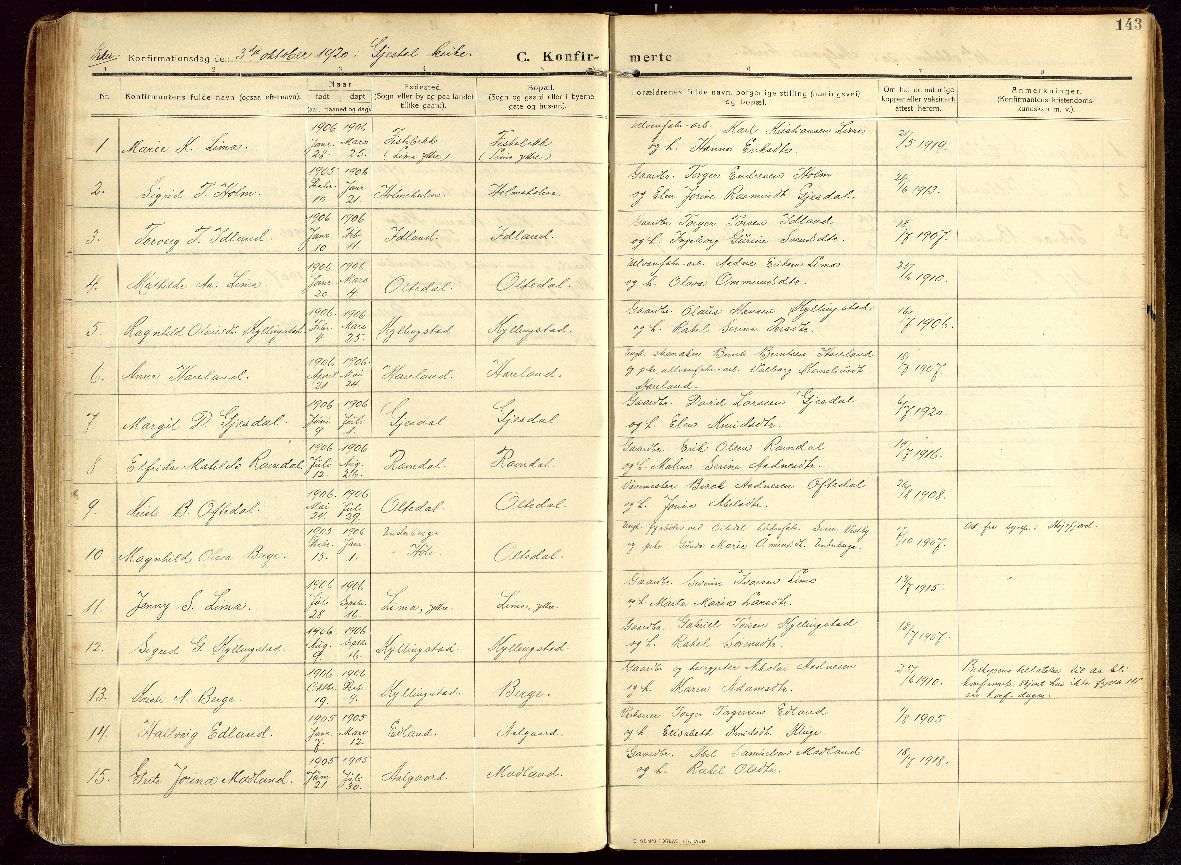 Lye sokneprestkontor, AV/SAST-A-101794/002/B/L0001: Parish register (official) no. A 13, 1910-1925, p. 143