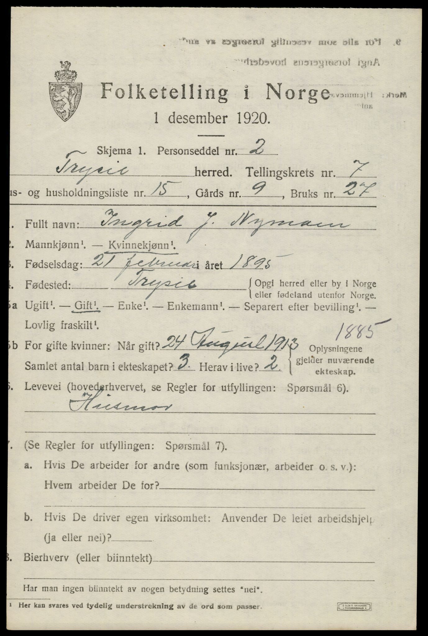 SAH, 1920 census for Trysil, 1920, p. 5379