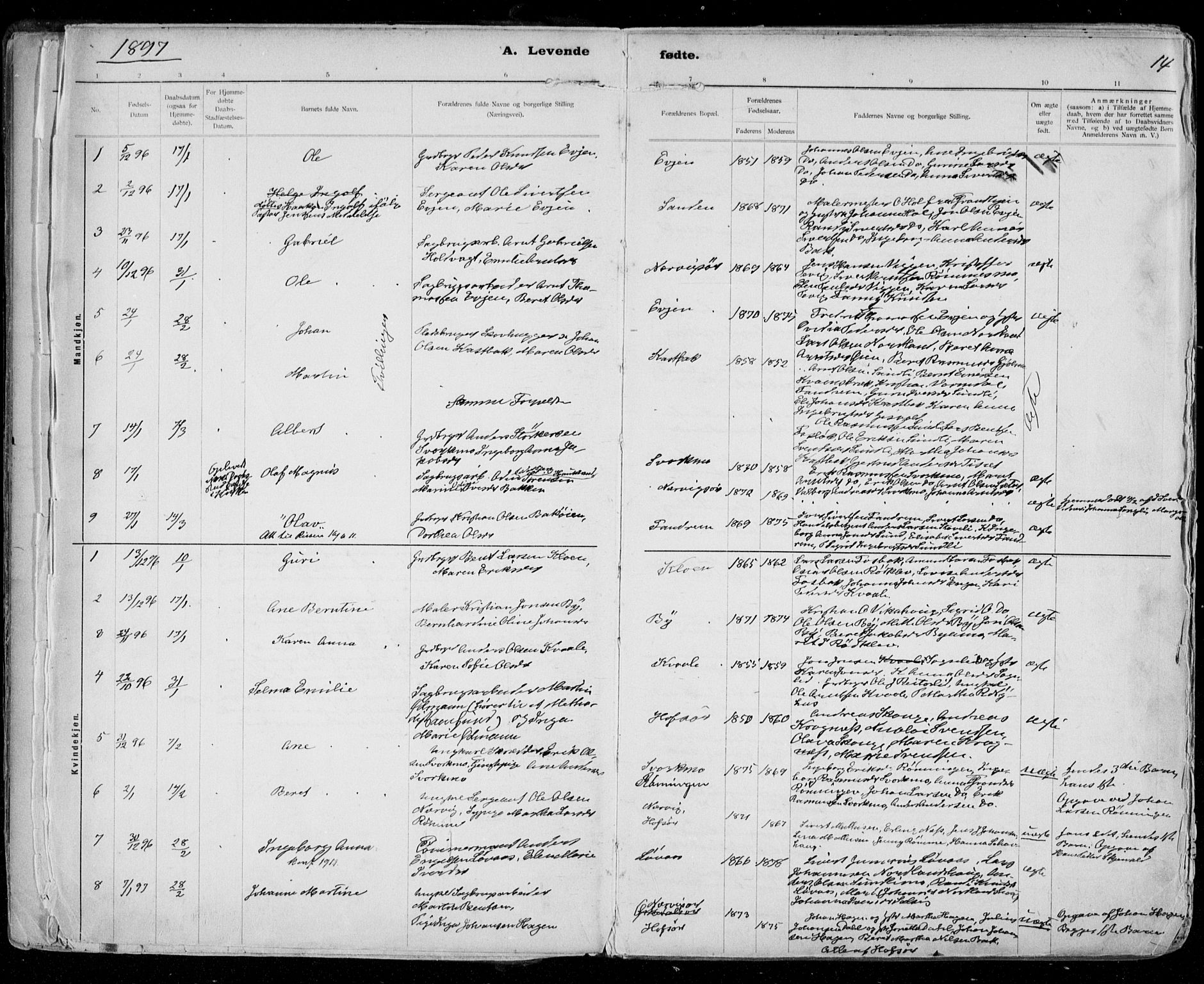 Ministerialprotokoller, klokkerbøker og fødselsregistre - Sør-Trøndelag, SAT/A-1456/668/L0811: Parish register (official) no. 668A11, 1894-1913, p. 14