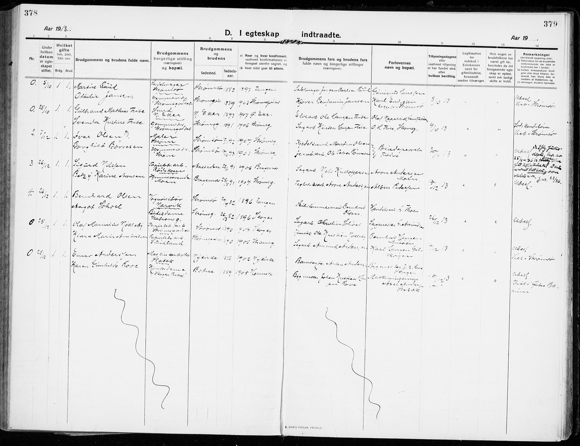 Strømsgodset kirkebøker, AV/SAKO-A-324/F/Fa/L0002: Parish register (official) no. 2, 1910-1920, p. 378-379