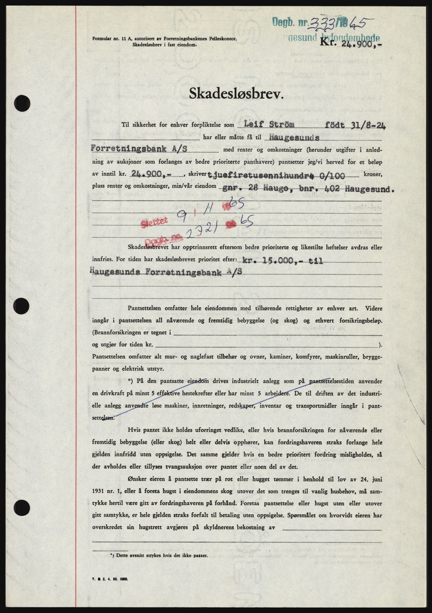 Haugesund tingrett, SAST/A-101415/01/II/IIC/L0053: Mortgage book no. B 53, 1965-1965, Diary no: : 333/1965