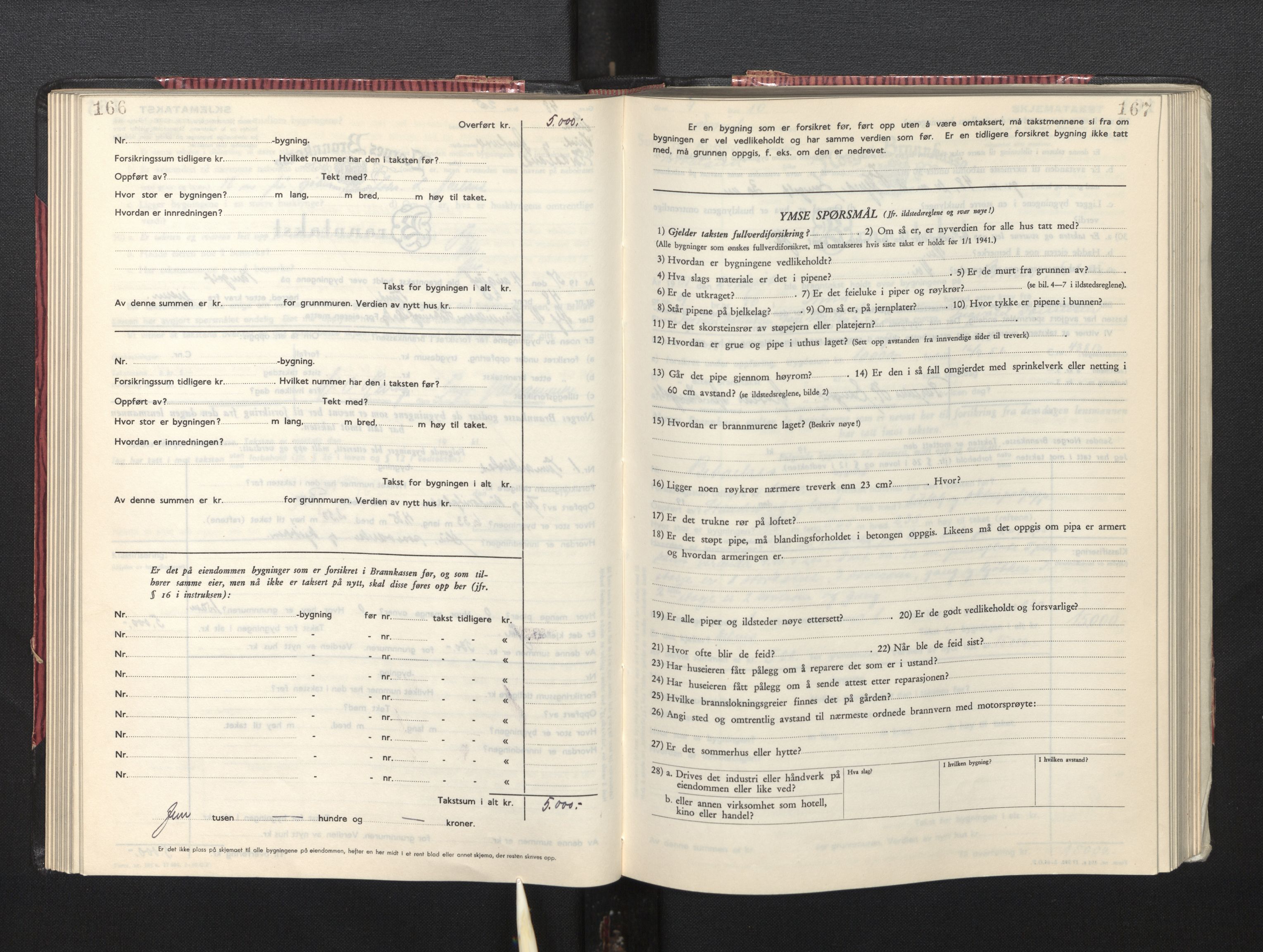 Lensmannen i Sund og Austevoll, SAB/A-35201/0012/L0005: Branntakstprotokoll, skjematakst, 1949-1955, p. 166-167