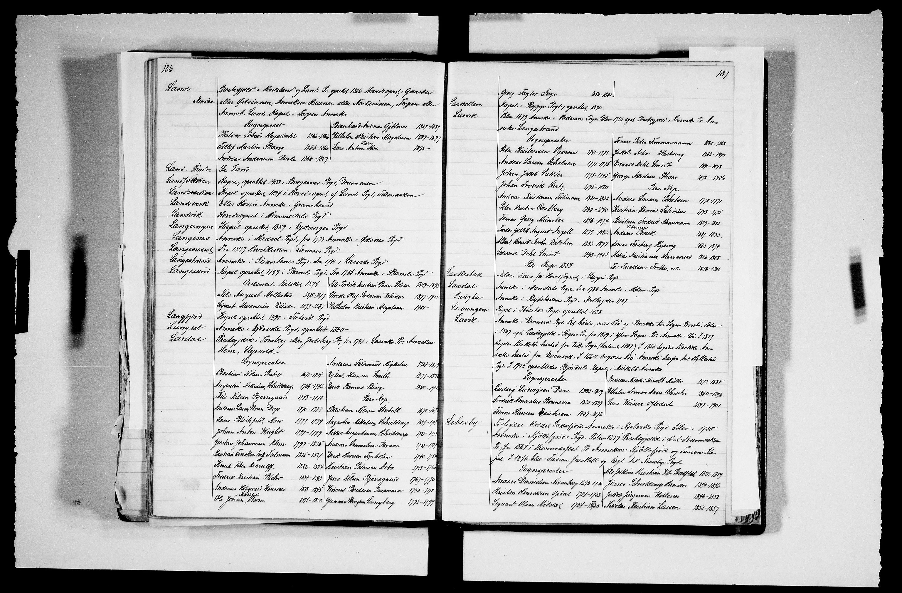 Manuskriptsamlingen, RA/EA-3667/F/L0111a: Schiørn, Fredrik; Den norske kirkes embeter og prester 1700-1900, Embeter, 1700-1900, p. 186-187