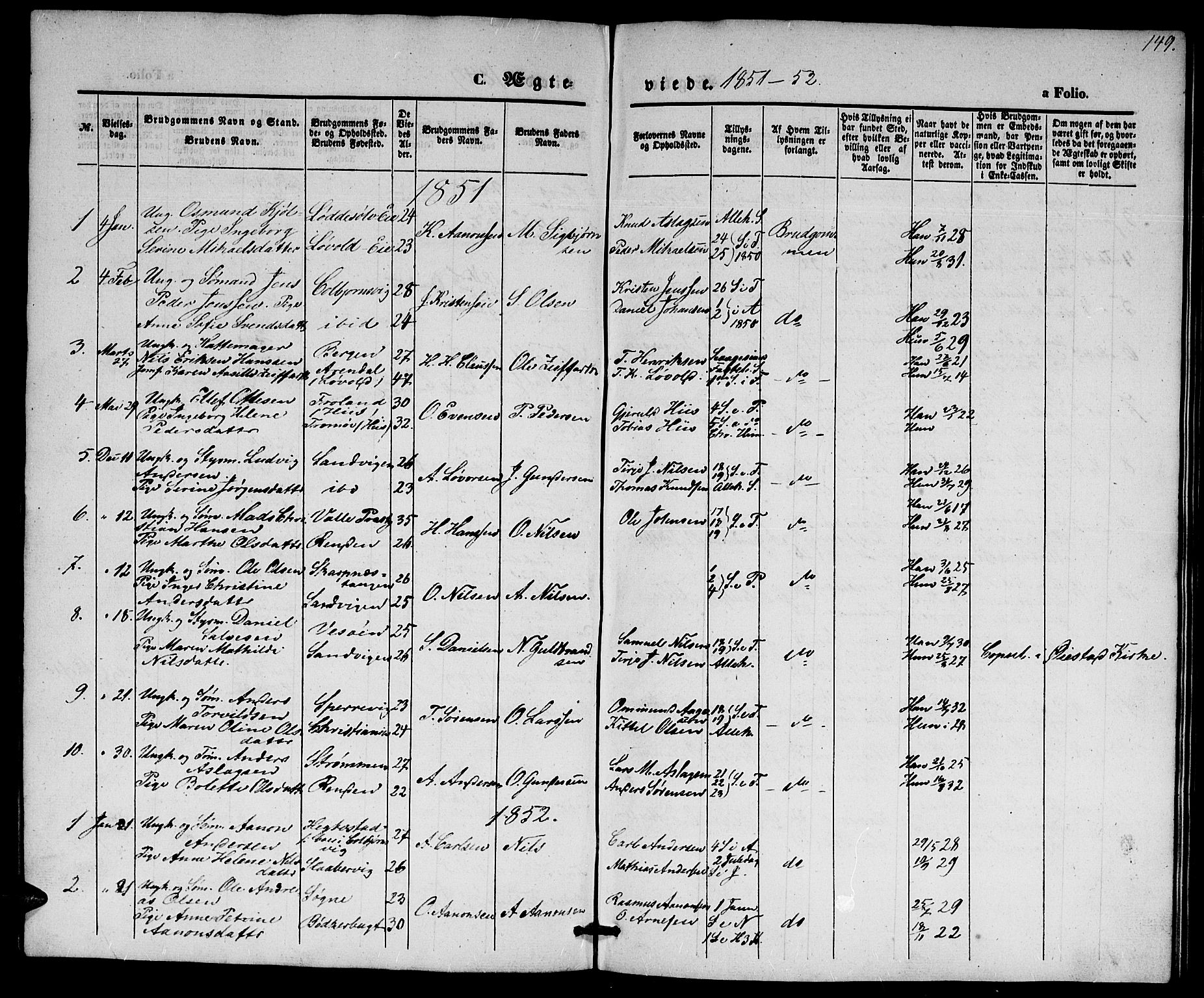 Hisøy sokneprestkontor, SAK/1111-0020/F/Fb/L0001: Parish register (copy) no. B 1, 1849-1872, p. 149