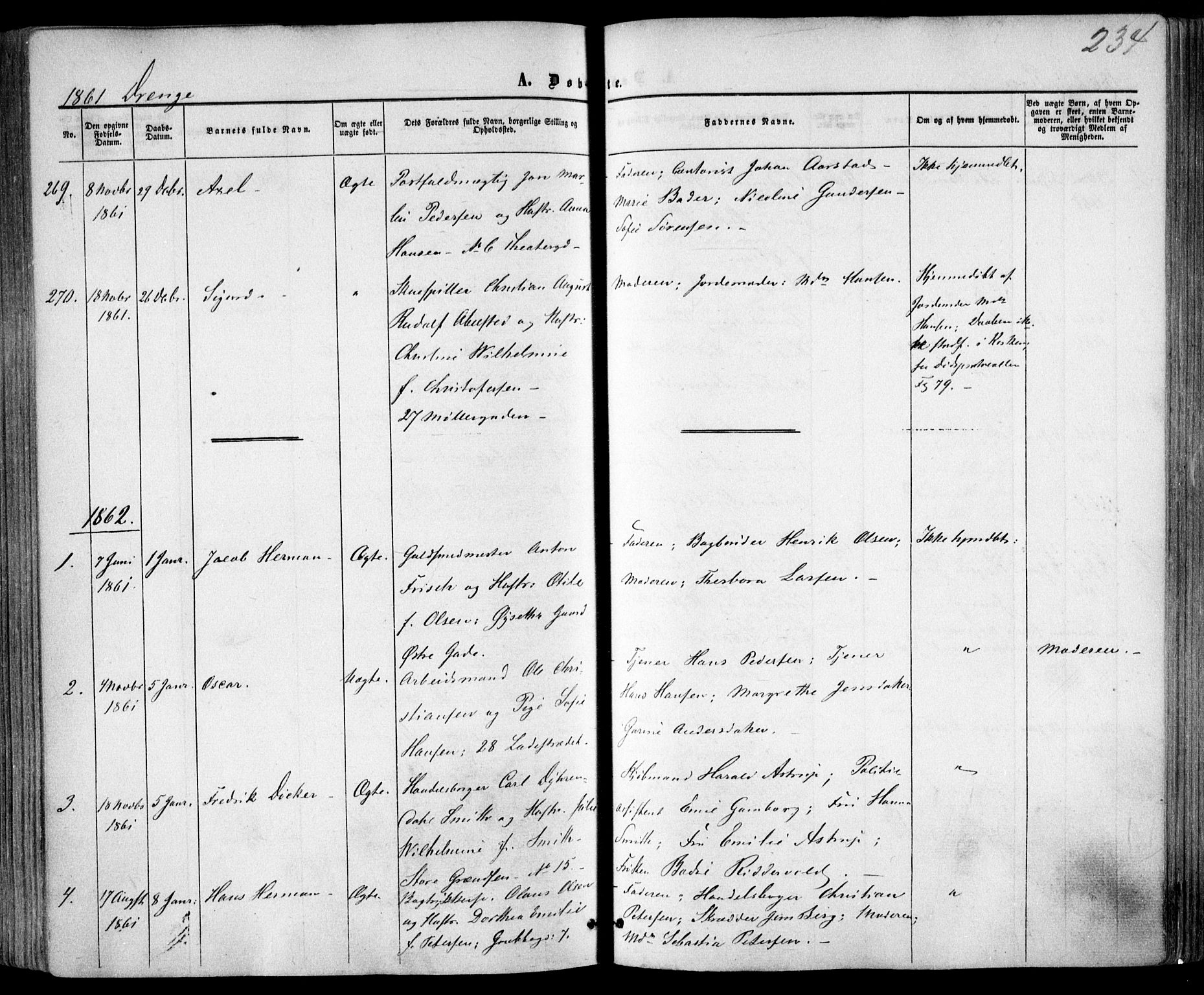 Trefoldighet prestekontor Kirkebøker, SAO/A-10882/F/Fa/L0001: Parish register (official) no. I 1, 1858-1863, p. 234