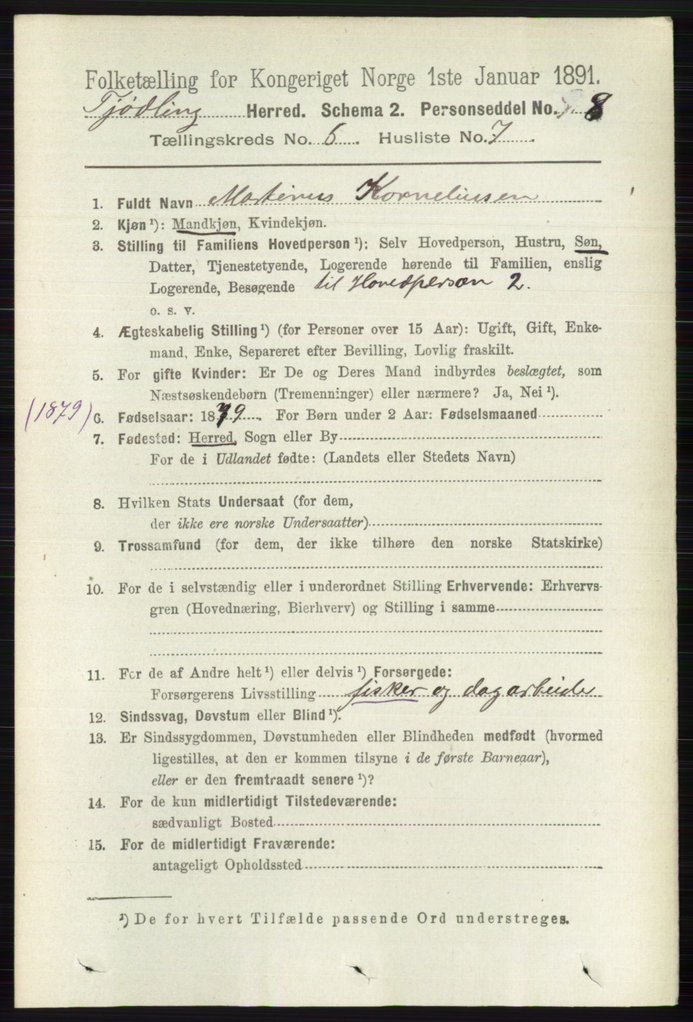 RA, 1891 census for 0725 Tjølling, 1891, p. 2024